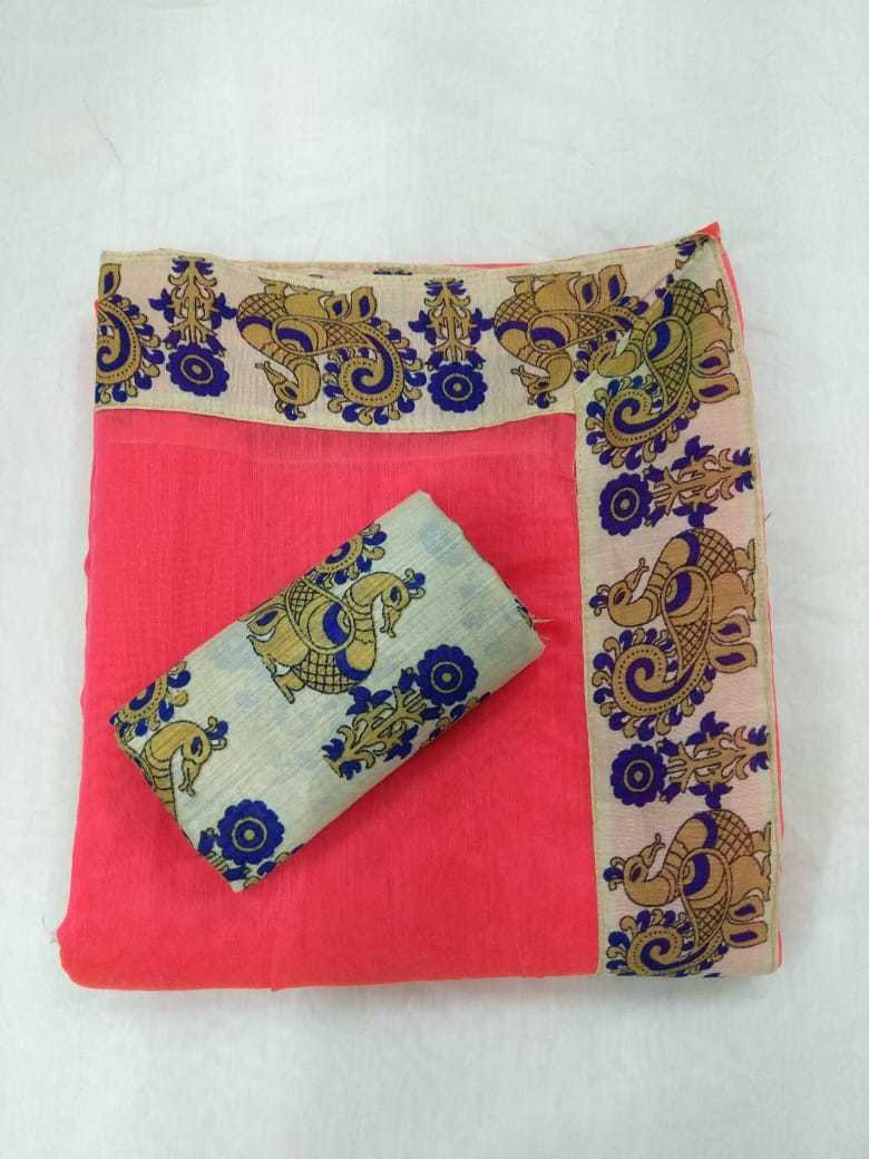 Chanderi Cotton Saree - Cotton Silk, Length: 5.5 Mtr, Blouse Length: 0.8 Mtr | Colors: Red, Blue, Green, Yellow, Pink, Plain Pattern, Lace Closure