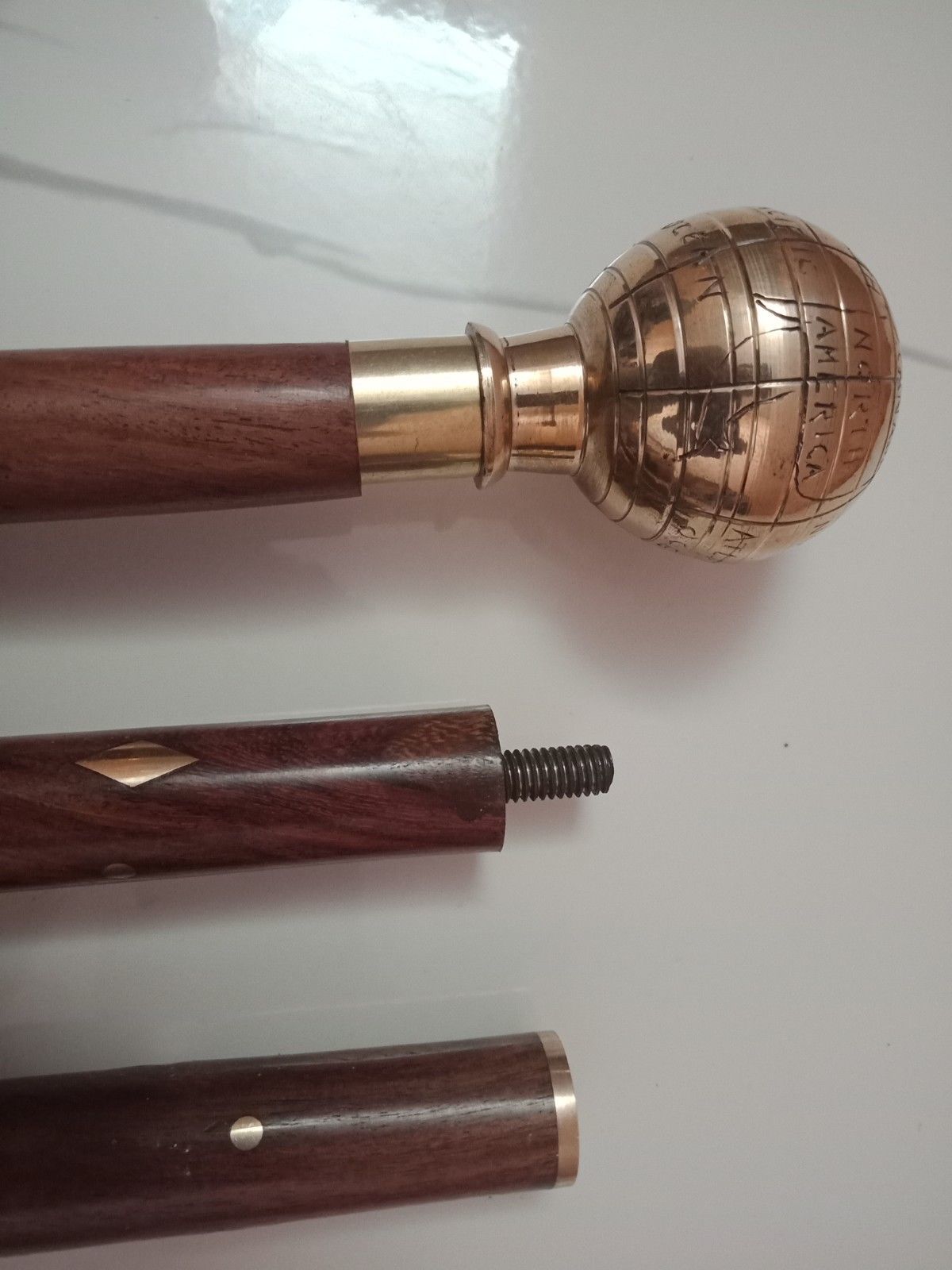 Designer-globe-shape-brass-polish-plated-handle-wooden-3-fold-walking-stick