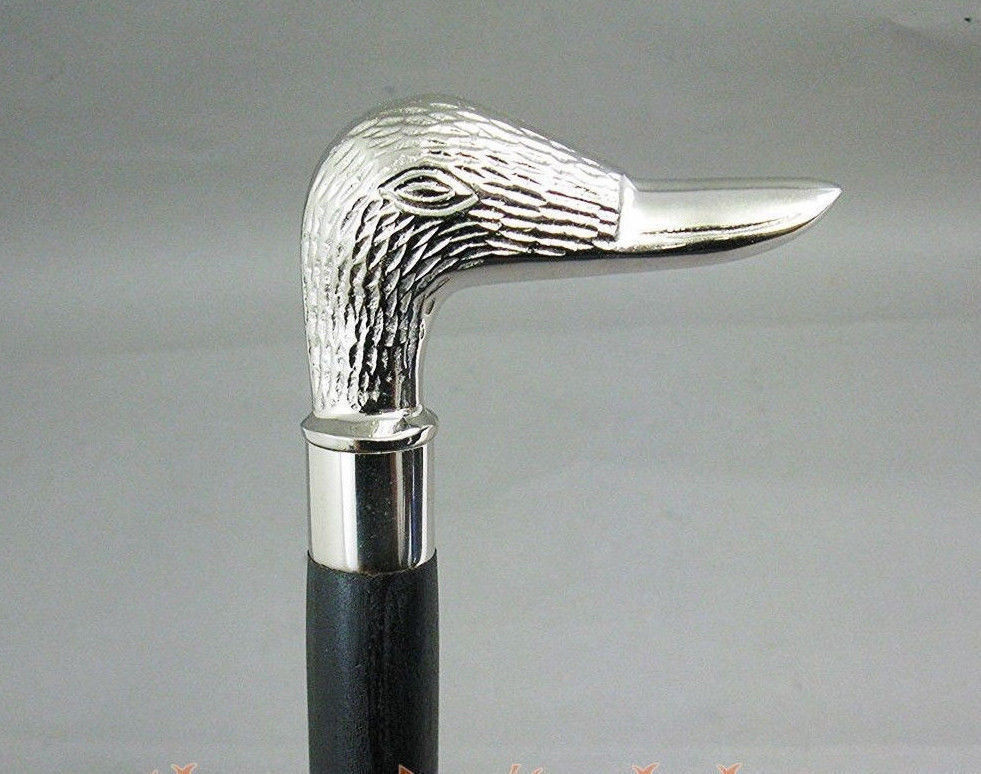 Solid Brass Duck Chrome Handle And Wooden Walking Stick / Cane Black Finish