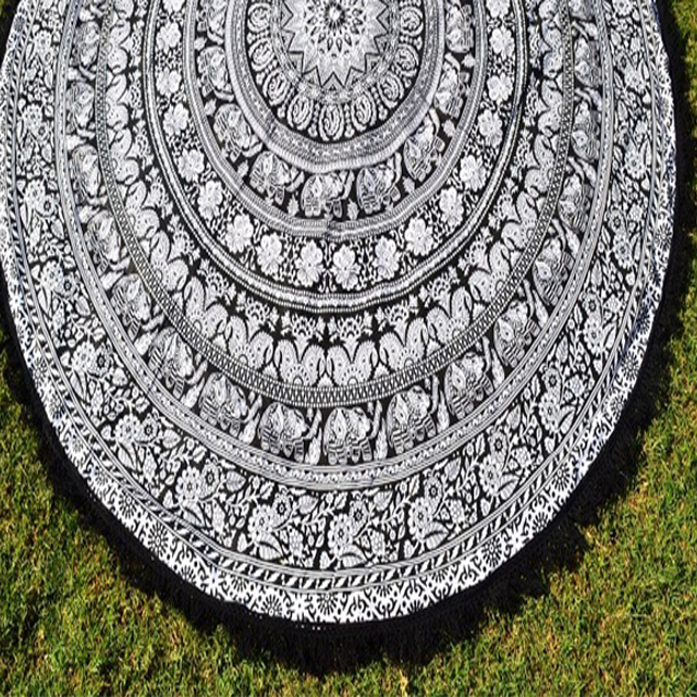 Black And White Indian Bohemian Hippie Elephant Star Round Tapestry Roundie