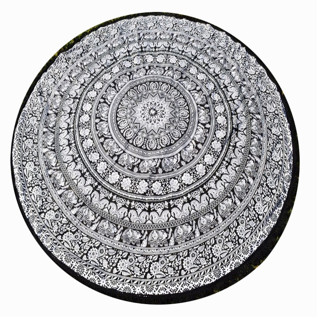 Black And White Indian Bohemian Hippie Elephant Star Round Tapestry Roundie