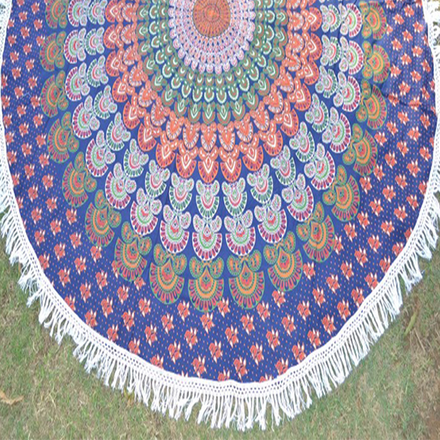 Blue + Multi Color Indian Mandala Cotton Fabric Hand Printed Round Roundie