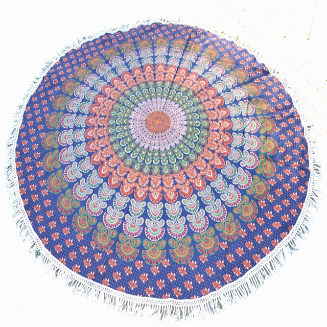 Blue + Multi Color Indian Mandala Cotton Fabric Hand Printed Round Roundie