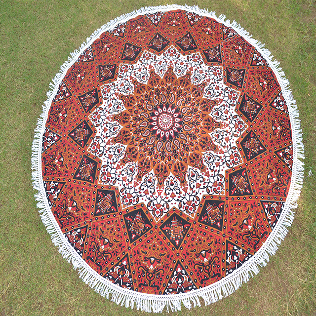 Home Textile - 72 Inches Round Brown Cotton Star Mandala Mat | Quick Drying, Washable, Versatile Usage For Beach, Bedroom, And Outdoor Decor