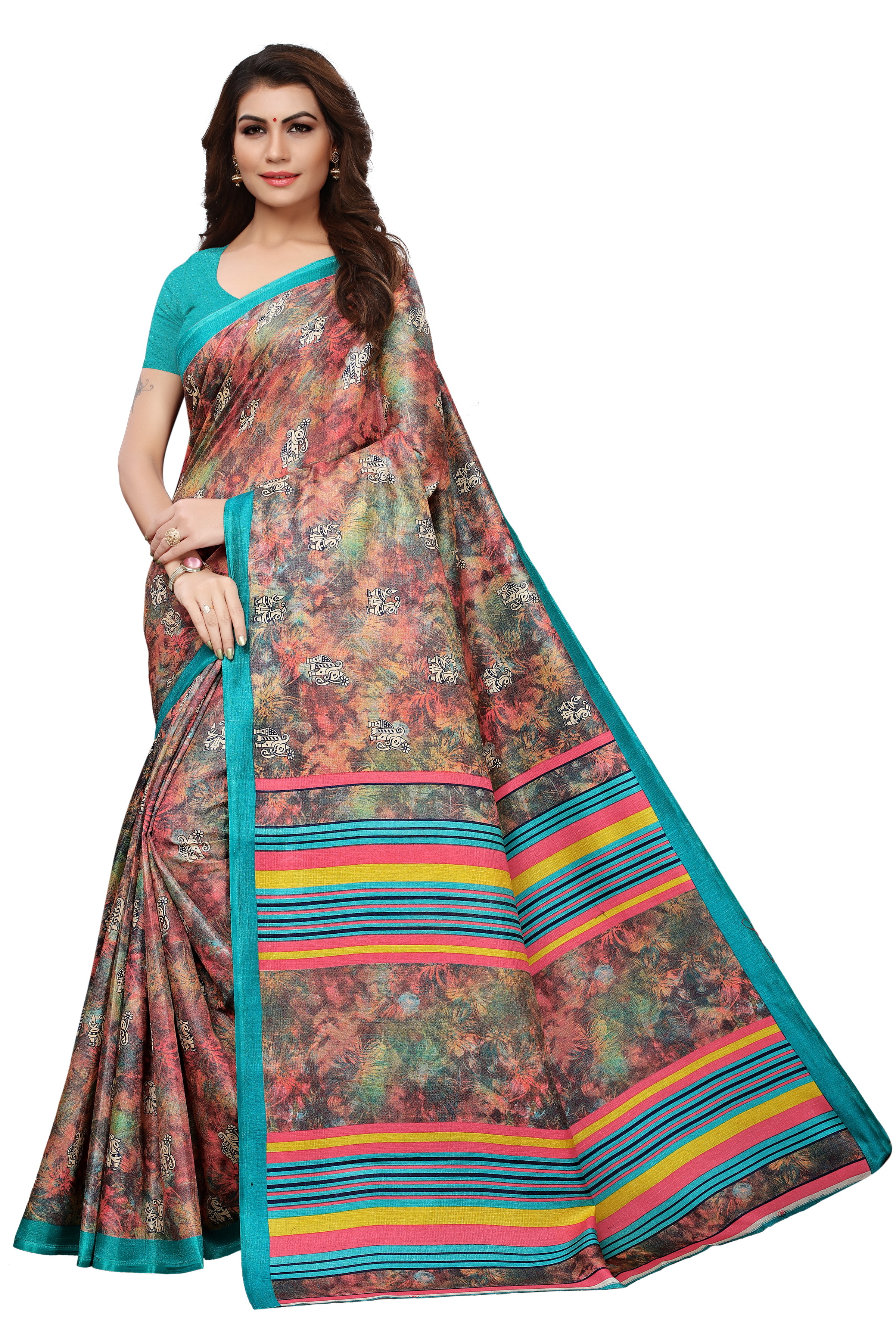 Fancy Mysore Silk Saree - Mysore Silk, Length: 5.5 Mtr, Blouse Length: 0.8 Mtr | Multi-color, Art Silk, Printed Pattern