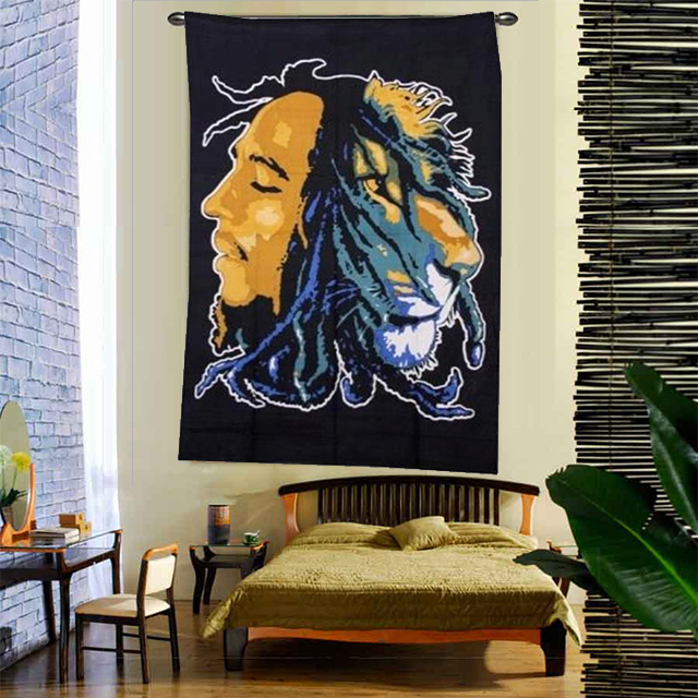 Golden + Black Boho Screen Cotton Bohemian Bob Marley Printed Wall Decor Tapestry