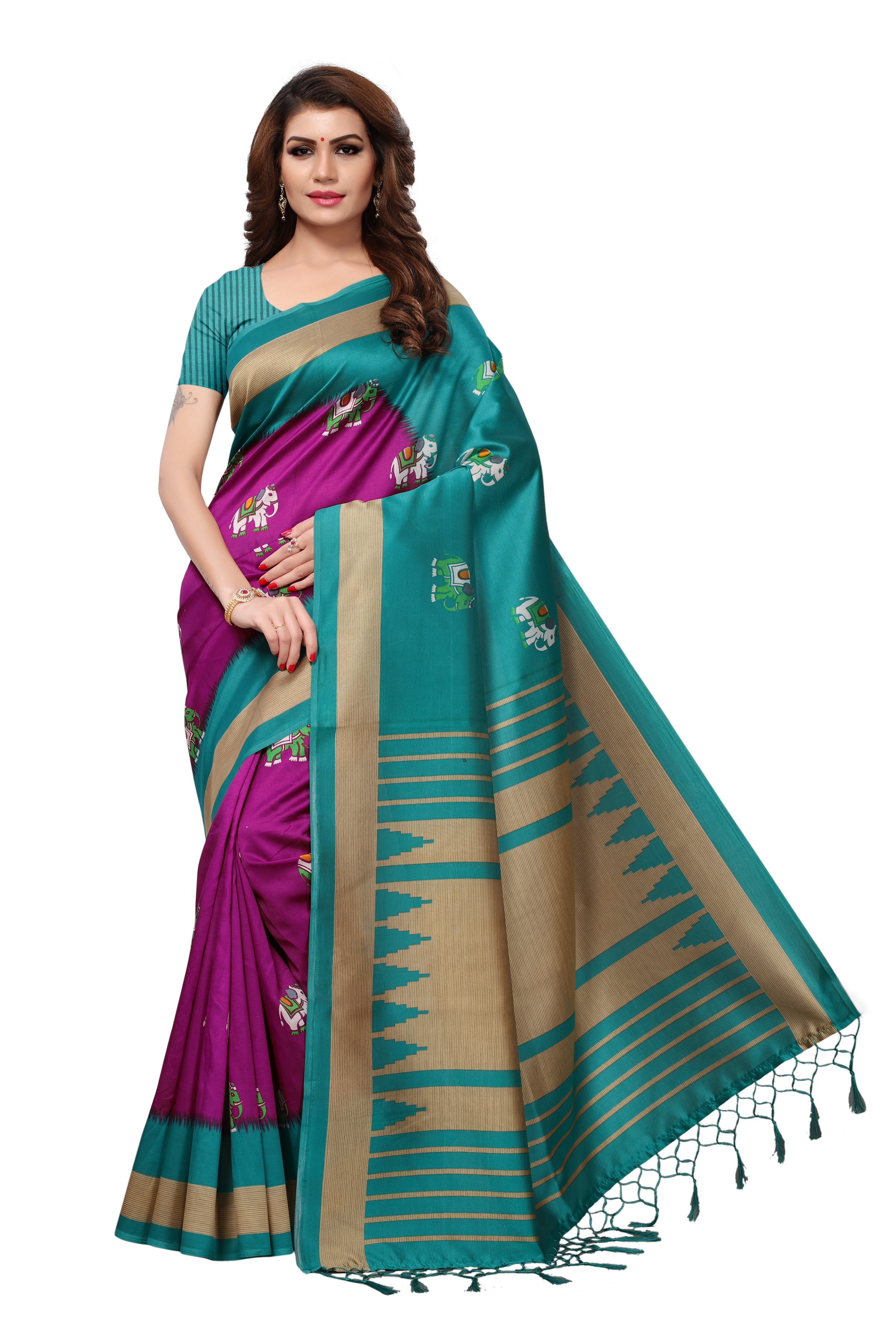 Mysore Silk Jhalar Saree - Art Silk Fabric, 5.5 Mtr Length, 0.8 Mtr Blouse | Colorful Printed Design In Orange, Green, Blue, Pink, Red - Laces Closure