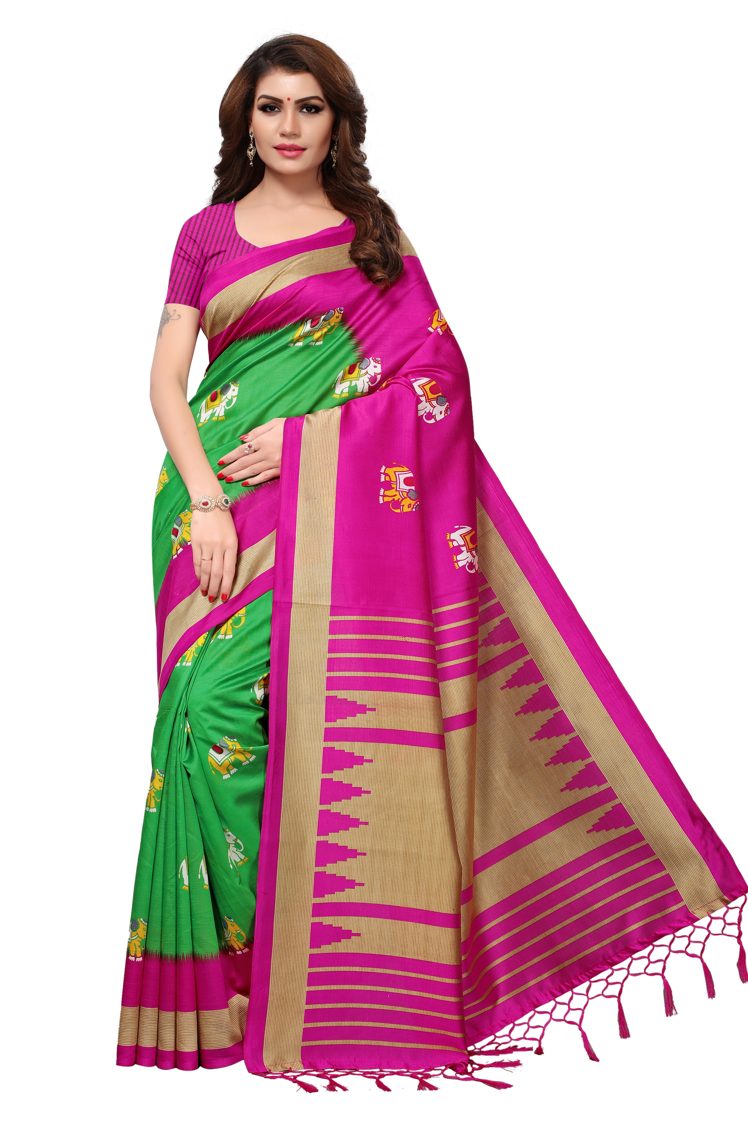 Mysore Silk Jhalar Saree - Art Silk Fabric, 5.5 Mtr Length, 0.8 Mtr Blouse | Colorful Printed Design In Orange, Green, Blue, Pink, Red - Laces Closure