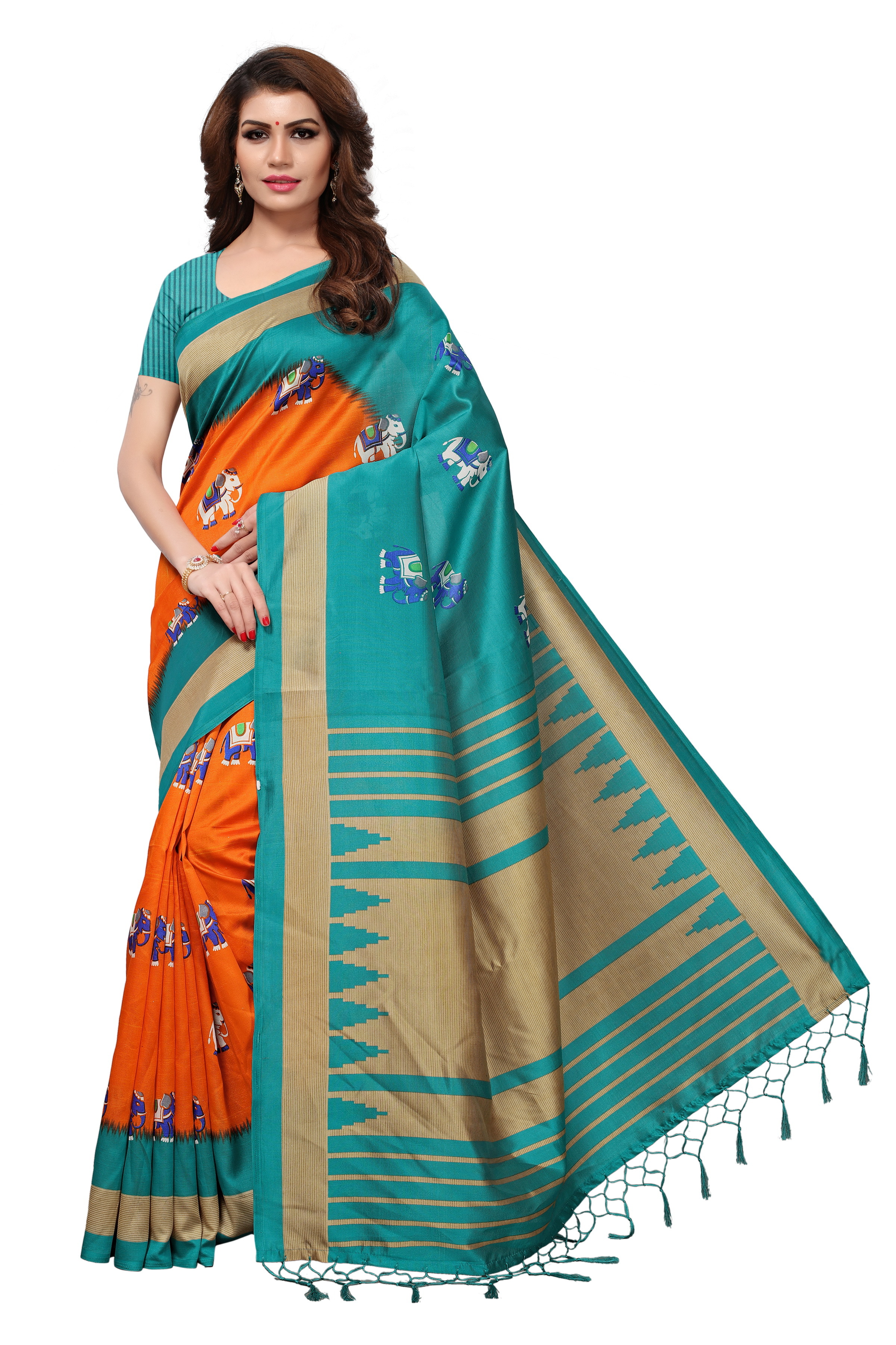 Mysore Silk Jhalar Saree - Art Silk Fabric, 5.5 Mtr Length, 0.8 Mtr Blouse | Colorful Printed Design In Orange, Green, Blue, Pink, Red - Laces Closure