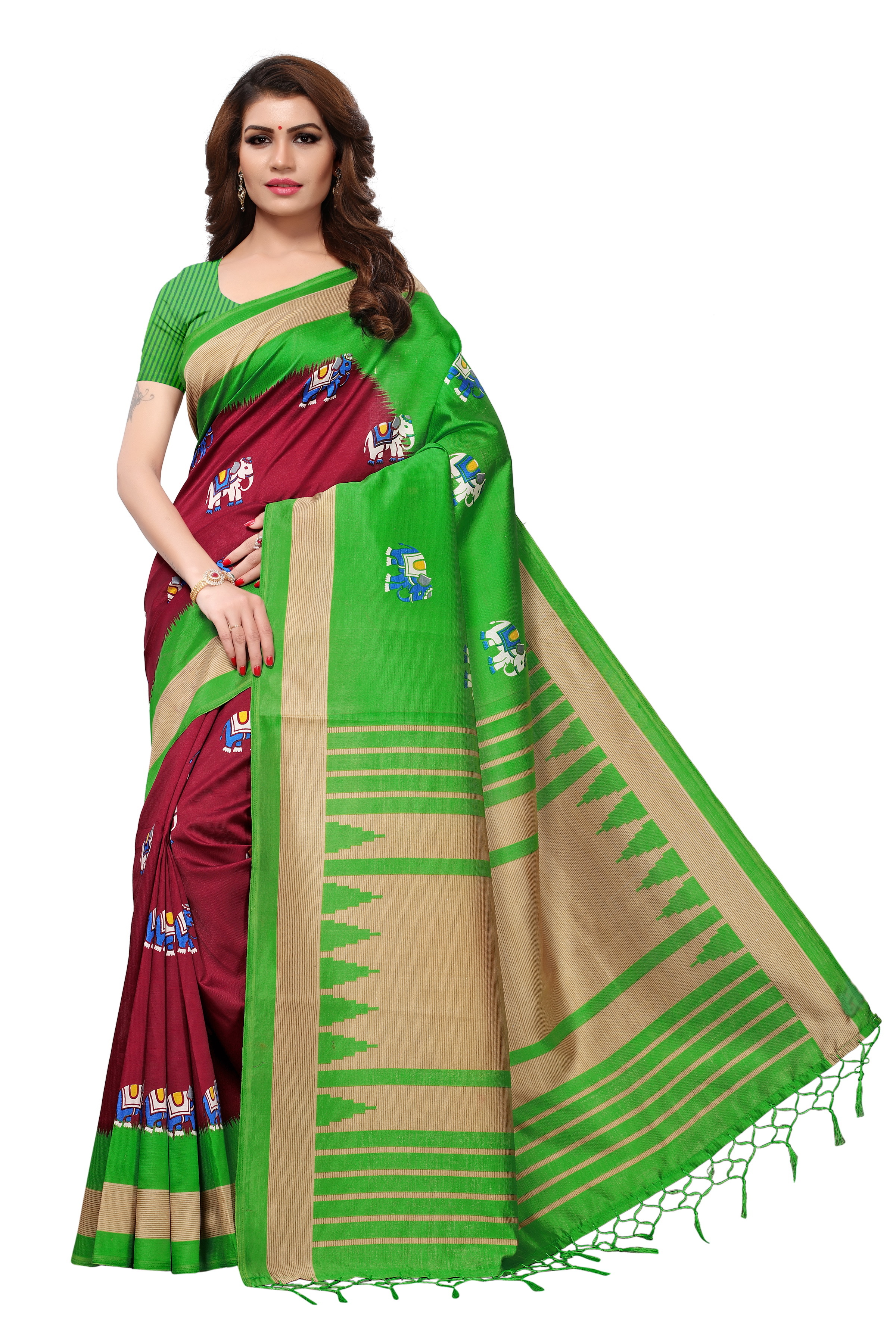 Mysore Silk Jhalar Saree - Art Silk Fabric, 5.5 Mtr Length, 0.8 Mtr Blouse | Colorful Printed Design In Orange, Green, Blue, Pink, Red - Laces Closure