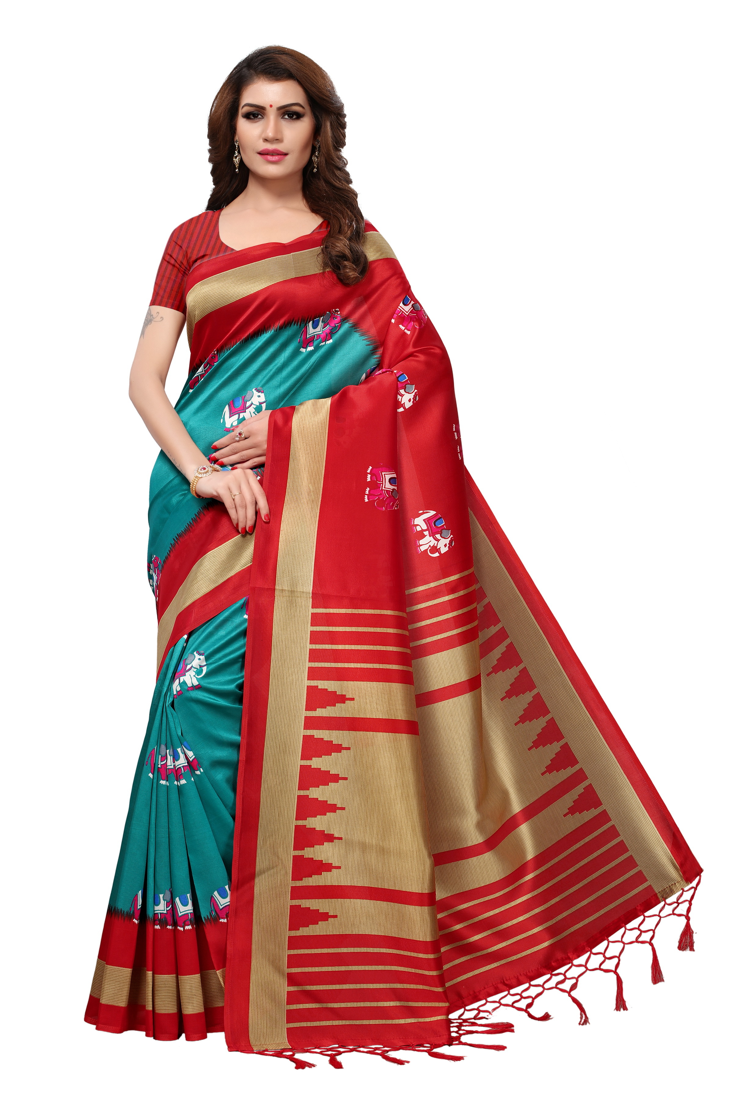 Mysore Silk Jhalar Saree - Art Silk Fabric, 5.5 Mtr Length, 0.8 Mtr Blouse | Colorful Printed Design In Orange, Green, Blue, Pink, Red - Laces Closure