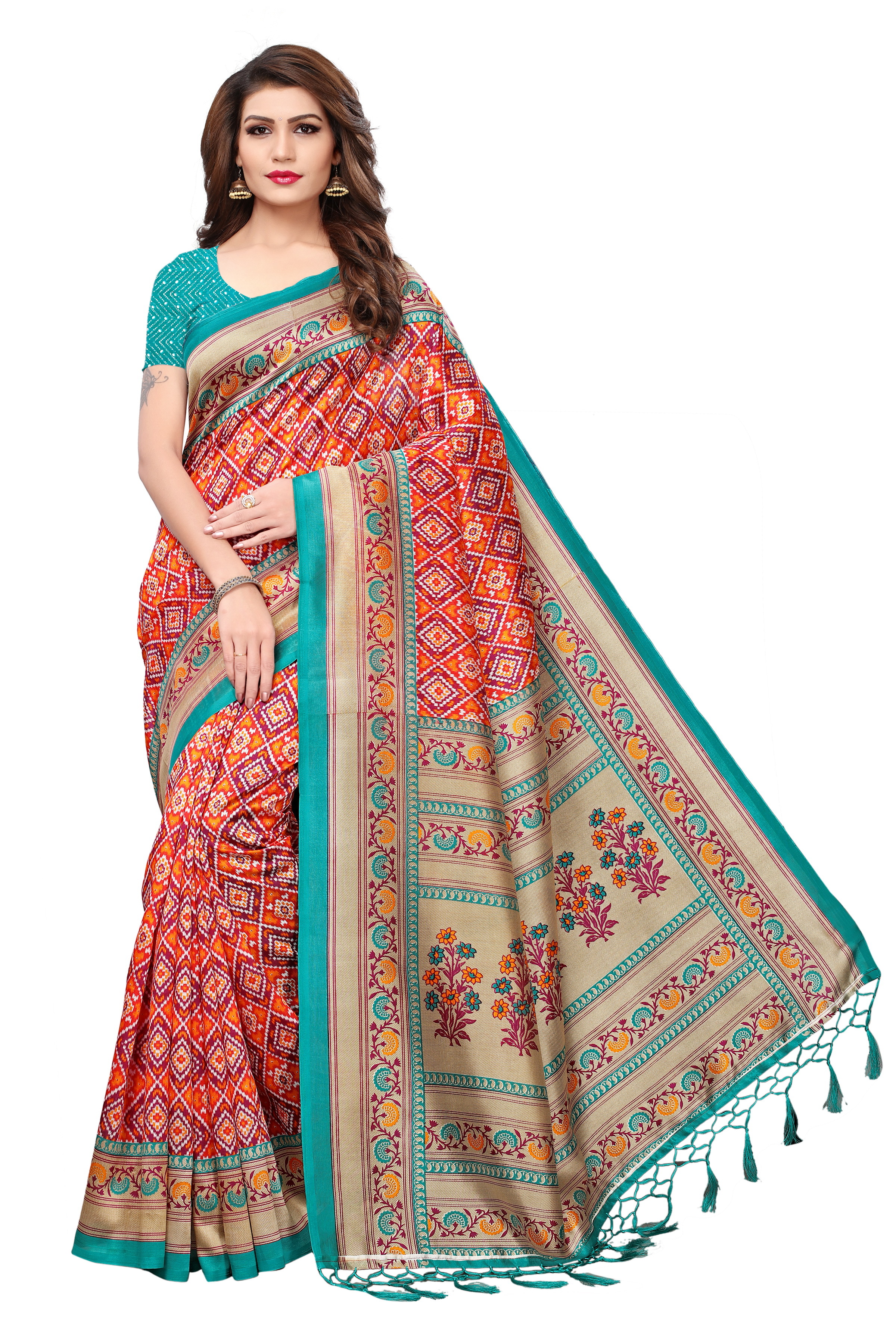 Mysore Jhalar Saree - Art Silk, Length: 5.5 Mtr, Blouse Length: 0.8 Mtr | Colors: Black, Blue, Red, Orange, Green - Printed Pattern, Lace Closure