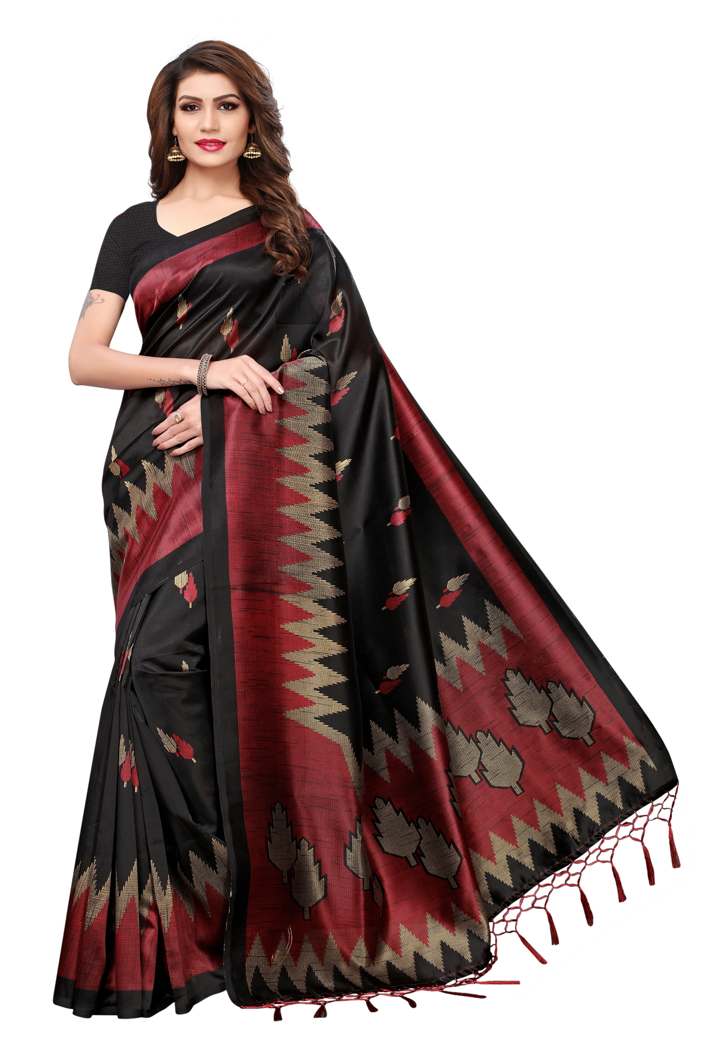 Mysore Jhalar Saree - Art Silk, Length: 5.5 Mtr, Blouse Length: 0.8 Mtr | Colors: Black, Blue, Red, Orange, Green - Printed Pattern, Lace Closure