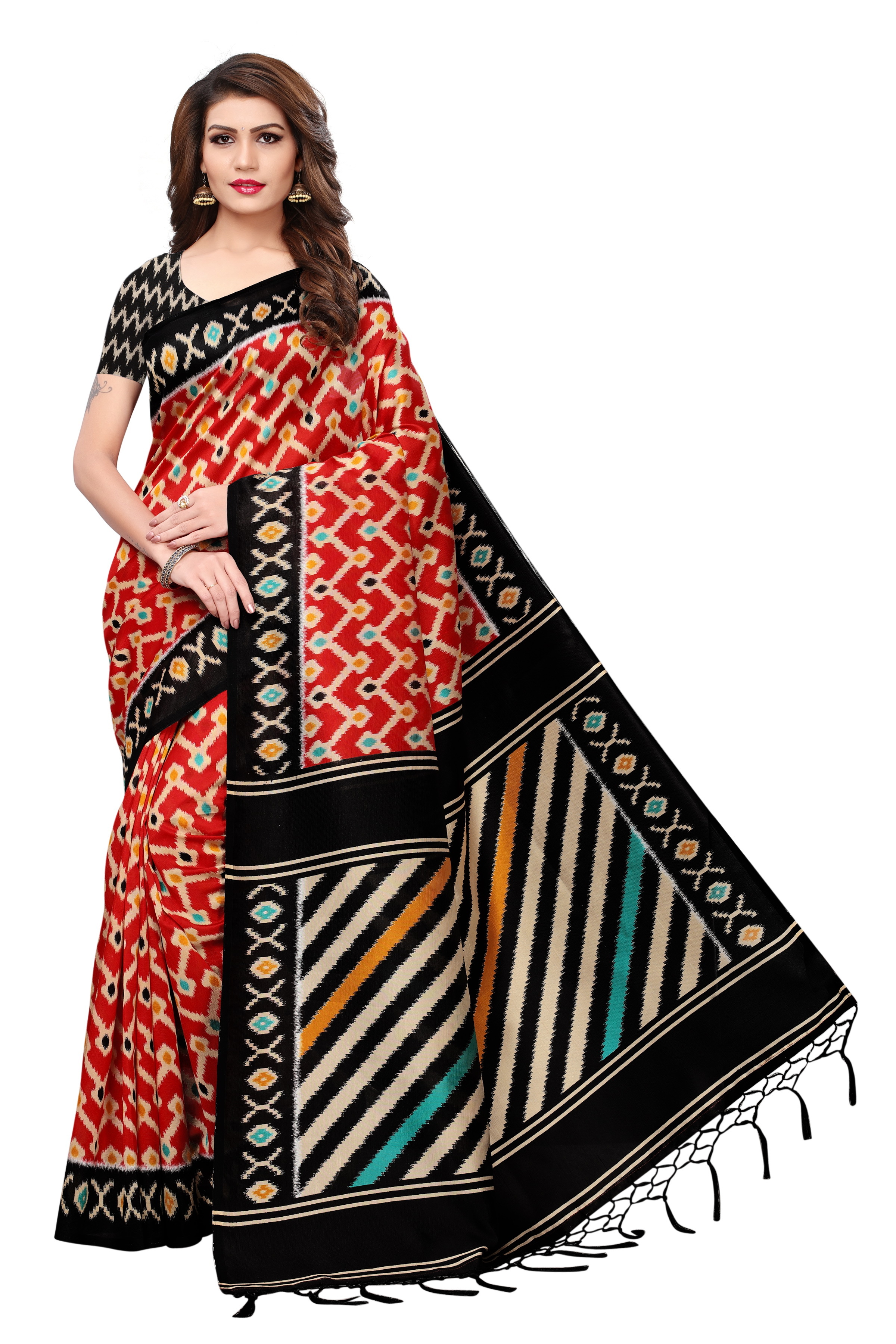 Mysore Jhalar Saree - Art Silk, Length: 5.5 Mtr, Blouse Length: 0.8 Mtr | Colors: Black, Blue, Red, Orange, Green - Printed Pattern, Lace Closure
