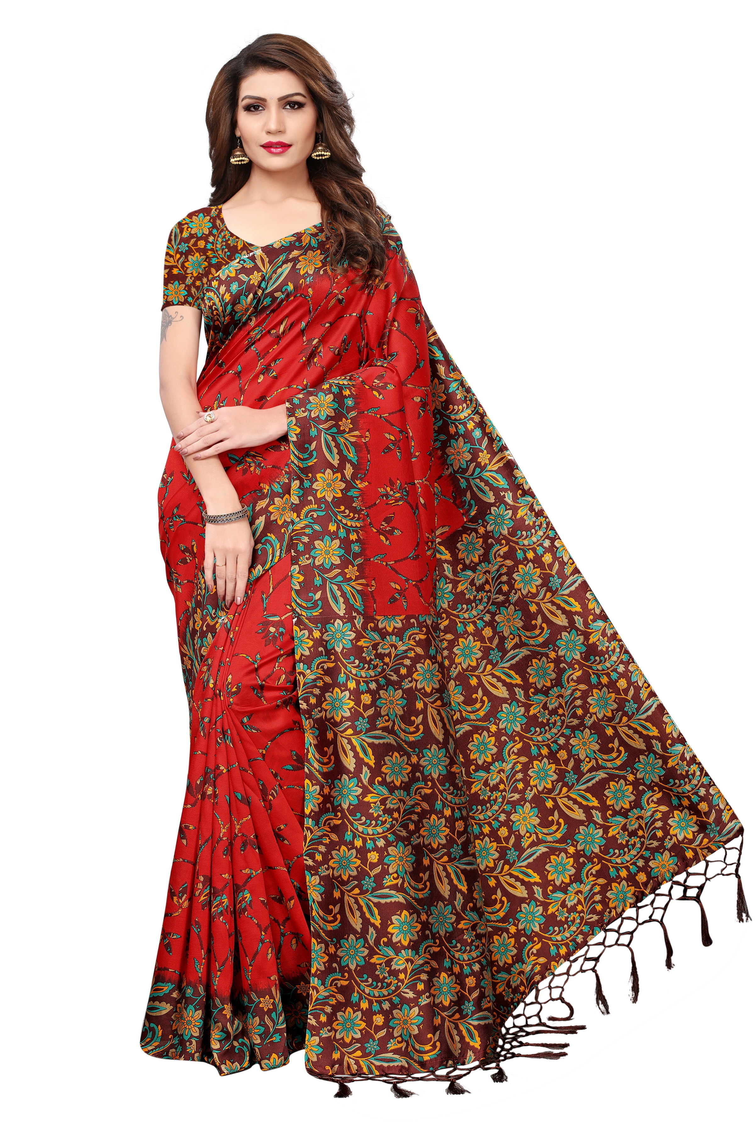 Mysore Jhalar Saree - Art Silk, Length: 5.5 Mtr, Blouse Length: 0.8 Mtr | Colors: Black, Blue, Red, Orange, Green - Printed Pattern, Lace Closure
