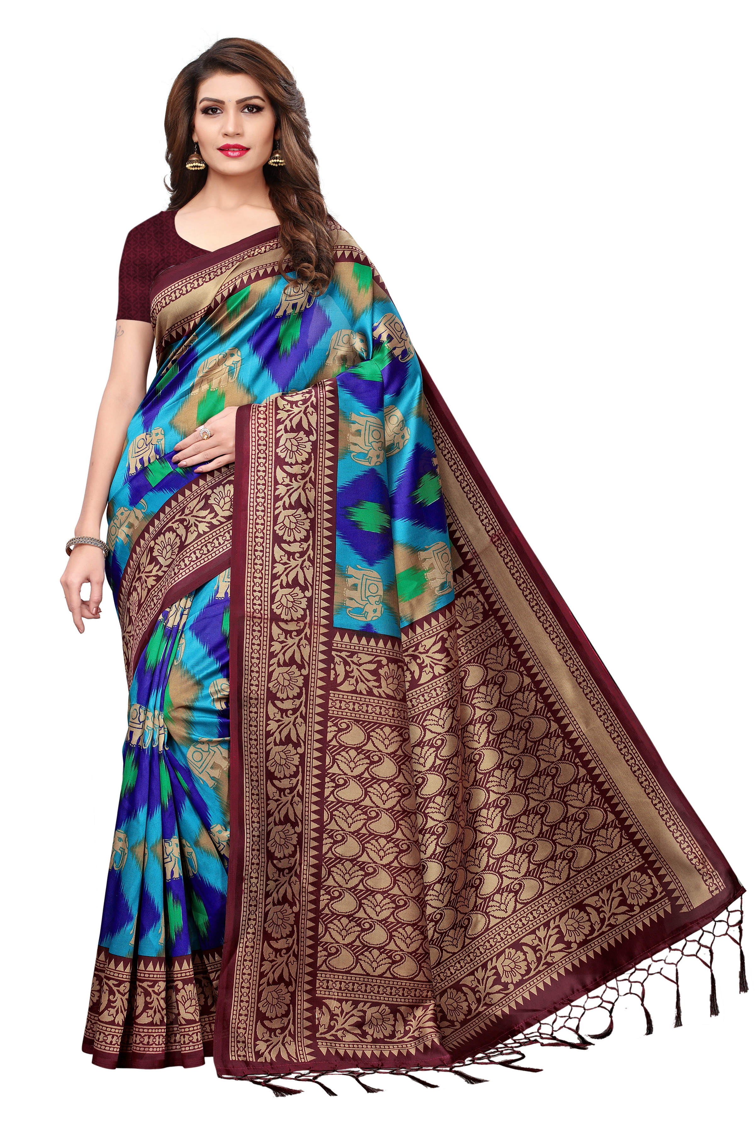 Mysore Jhalar Saree - Art Silk, Length: 5.5 Mtr, Blouse Length: 0.8 Mtr | Colors: Black, Blue, Red, Orange, Green - Printed Pattern, Lace Closure