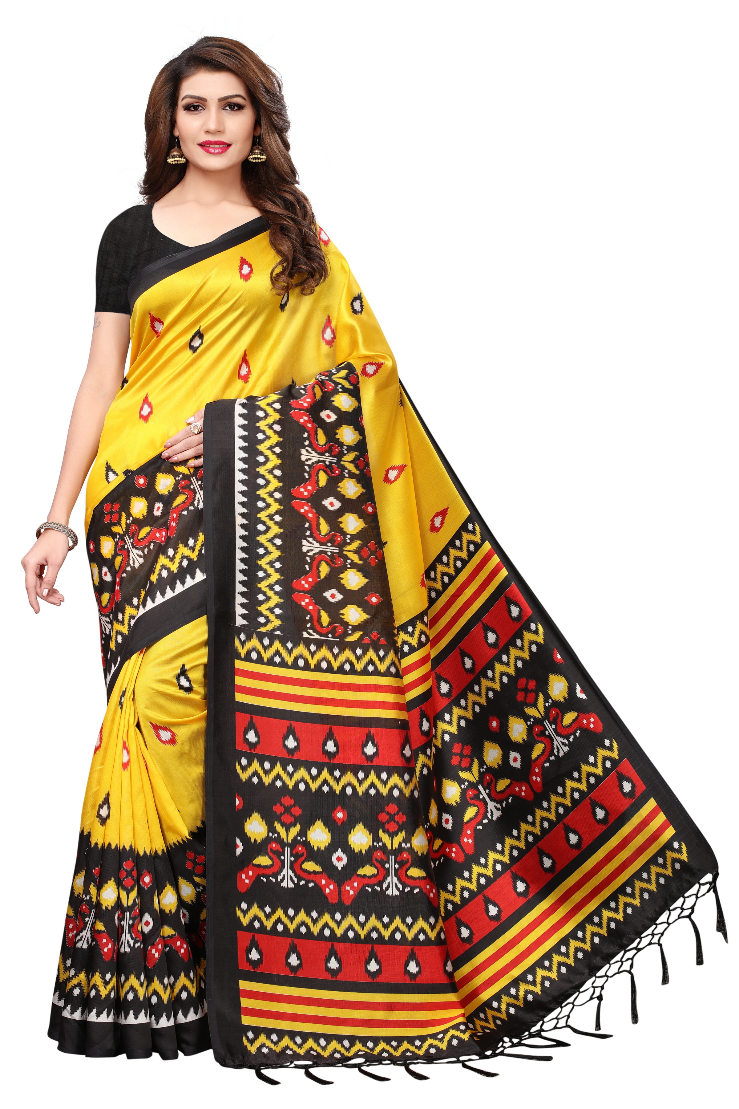 Mysore Fancy Printed Jhalar Saree - Art Silk, 5.5 Mtr Length, 0.8 Mtr Blouse Length | Features Laces Closure, Available In Black, Blue, Red, Green, Yellow