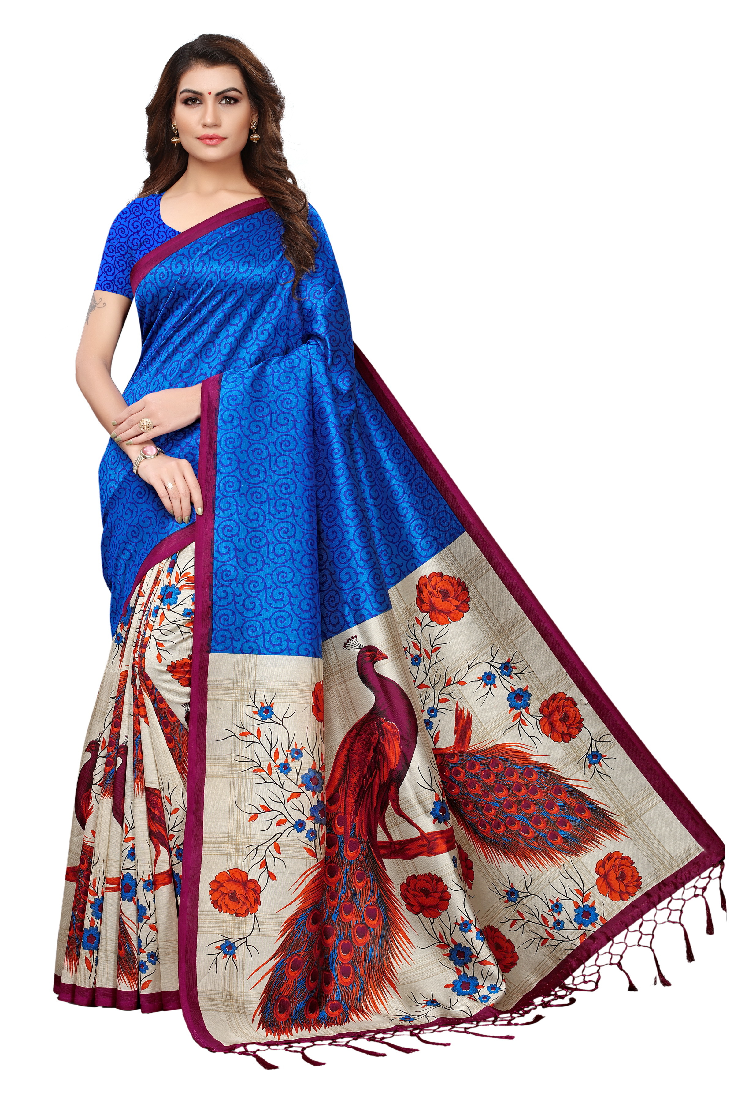 Mysore Fancy Printed Jhalar Saree - Art Silk, 5.5 Mtr Length, 0.8 Mtr Blouse Length | Features Laces Closure, Available In Black, Blue, Red, Green, Yellow