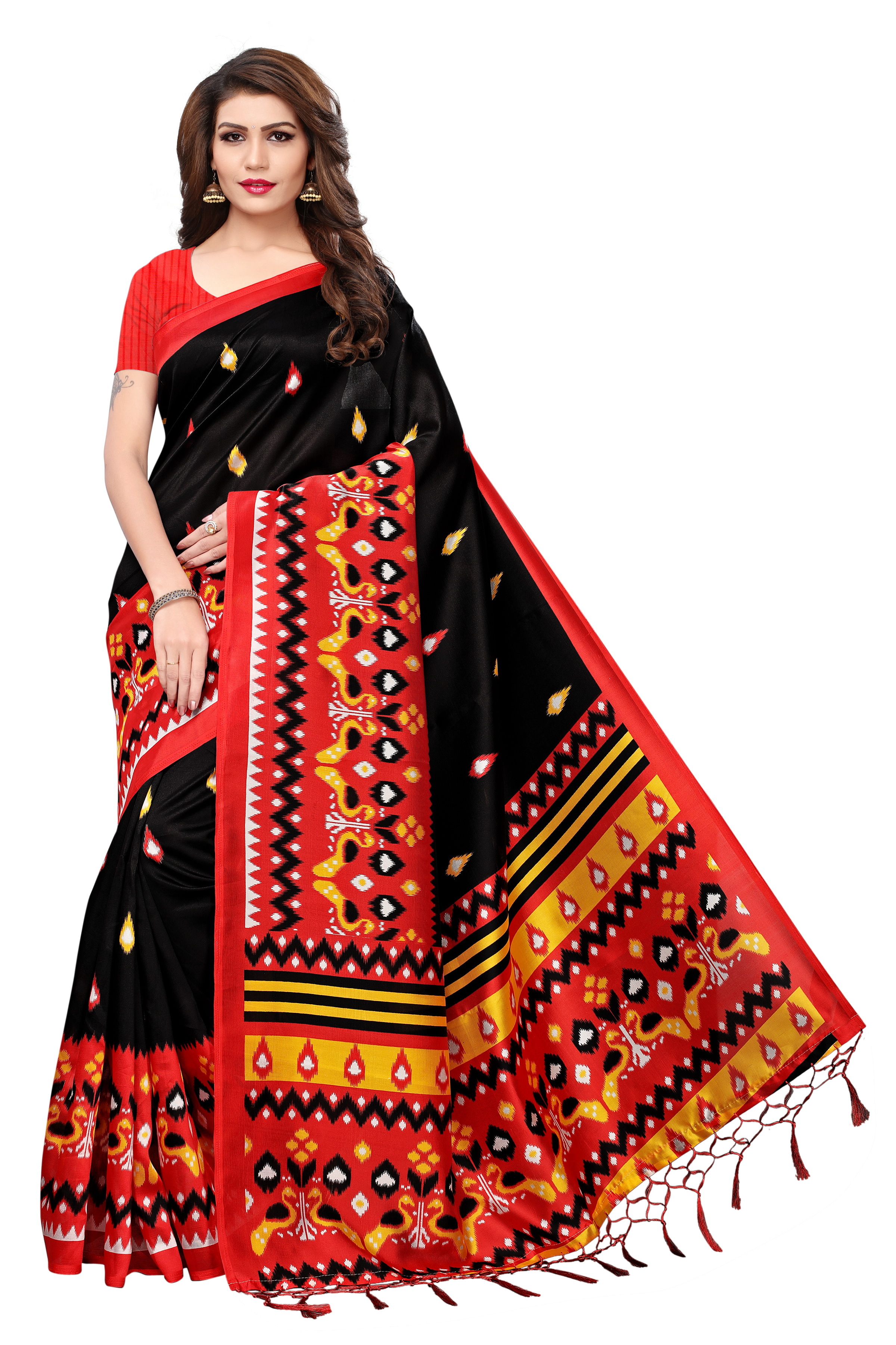 Mysore Fancy Printed Jhalar Saree - Art Silk, 5.5 Mtr Length, 0.8 Mtr Blouse Length | Features Laces Closure, Available In Black, Blue, Red, Green, Yellow