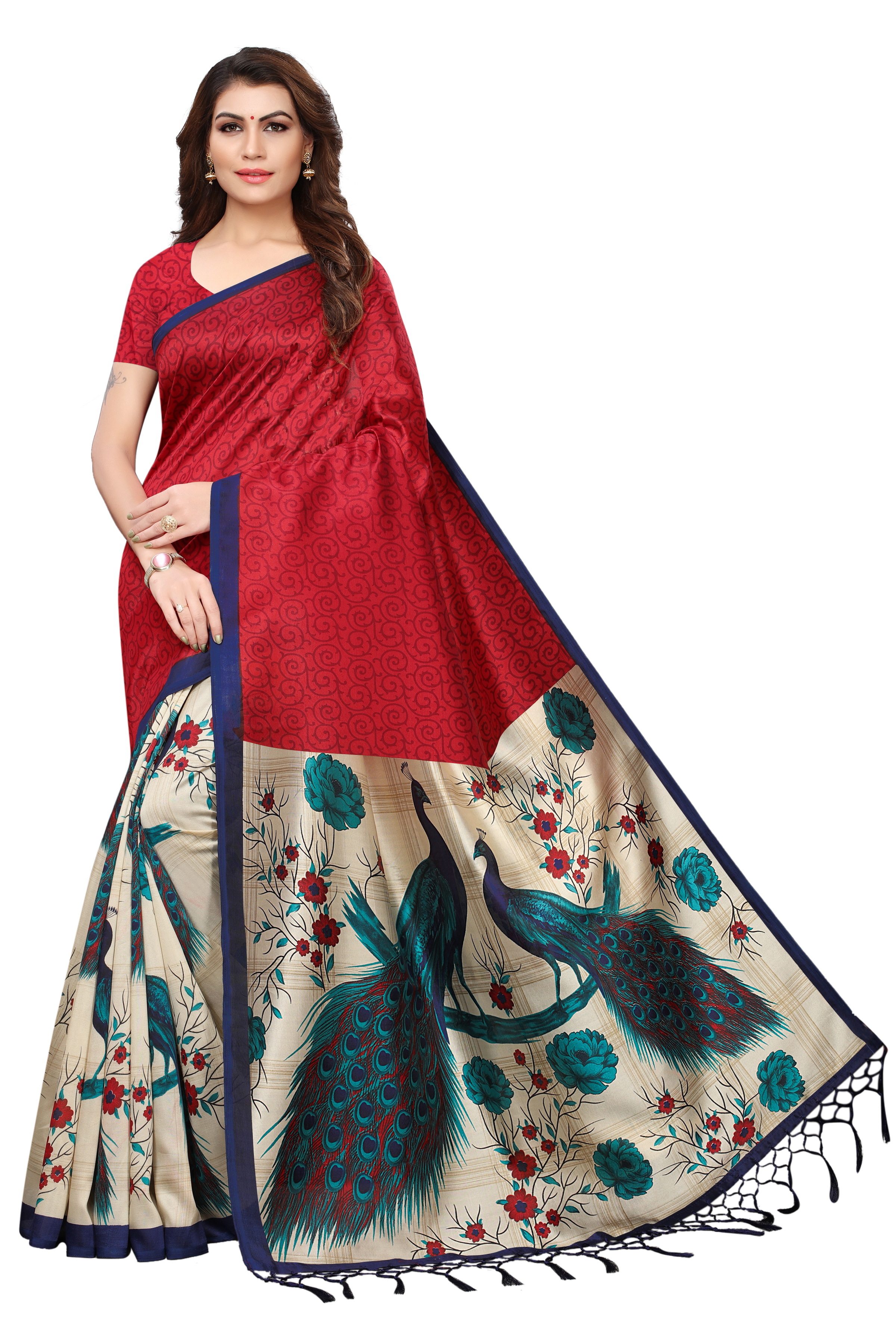 Mysore Fancy Printed Jhalar Saree - Art Silk, 5.5 Mtr Length, 0.8 Mtr Blouse Length | Features Laces Closure, Available In Black, Blue, Red, Green, Yellow