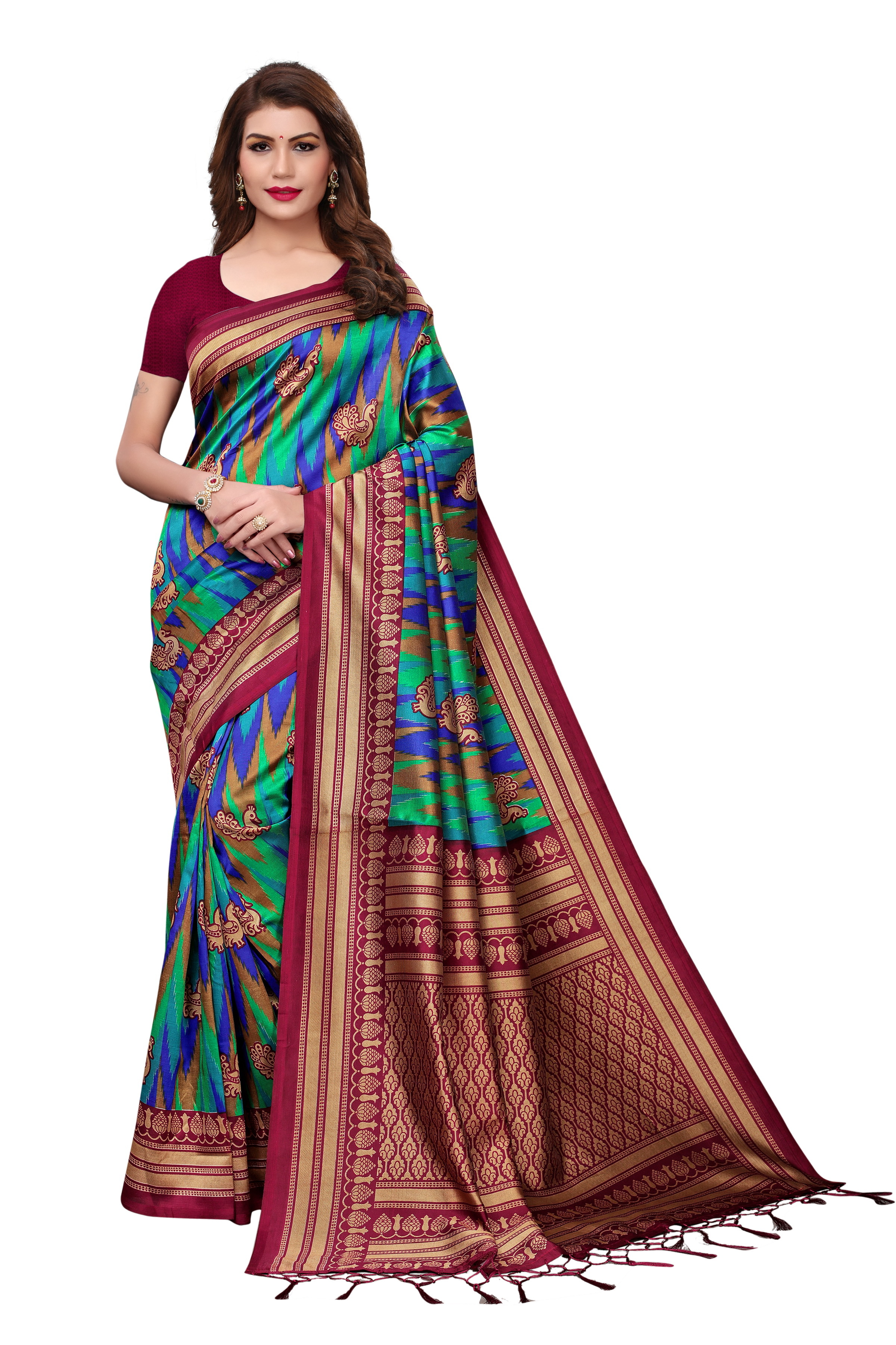 Silky Mysore Jhalar Saree - Mysore Silk, 5.5 Mtr Length, Multi-color, Printed Work, Art Silk Fabric, Lace Closure, Blouse Length 0.8 Mtr