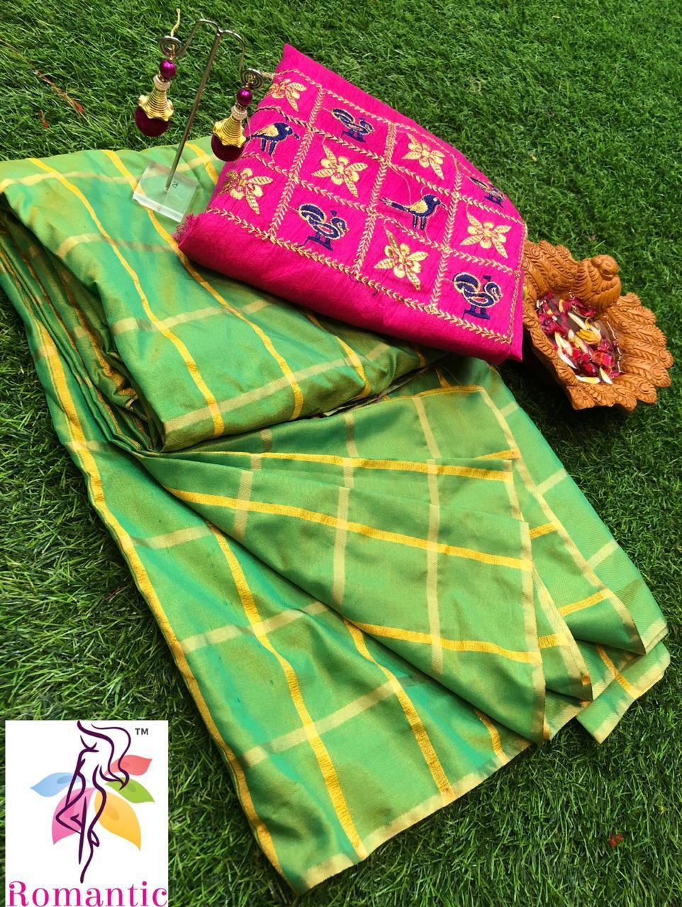 Designer Silk Saree - Paneter Silk With Self Chex Embroidery, Multi Color Banglori Blouse & Jumka | Cotton Silk, Bollywood Style For All Seasons