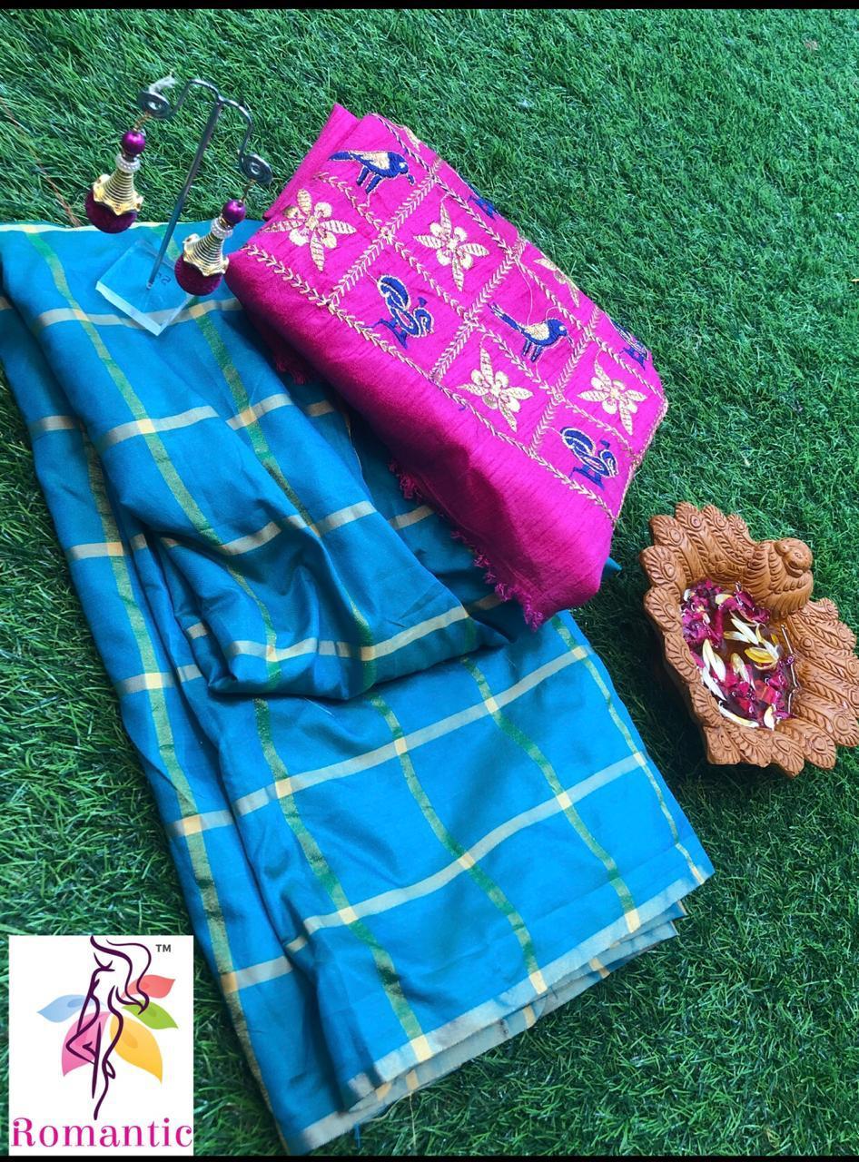 Designer Silk Saree - Paneter Silk With Self Chex Embroidery, Multi Color Banglori Blouse & Jumka | Cotton Silk, Bollywood Style For All Seasons