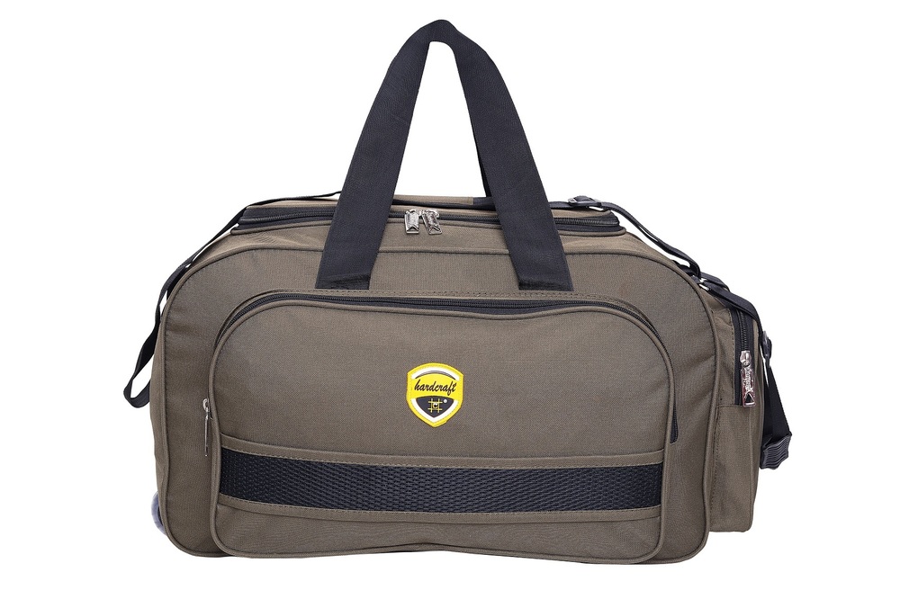 Handmade Duffle Handbag - 23x15x10 inches, Khadi Green-Black | Lightweight Water Repellent Material, 2 Wheels, 4 Compartments, Adjustable Shoulder Strap