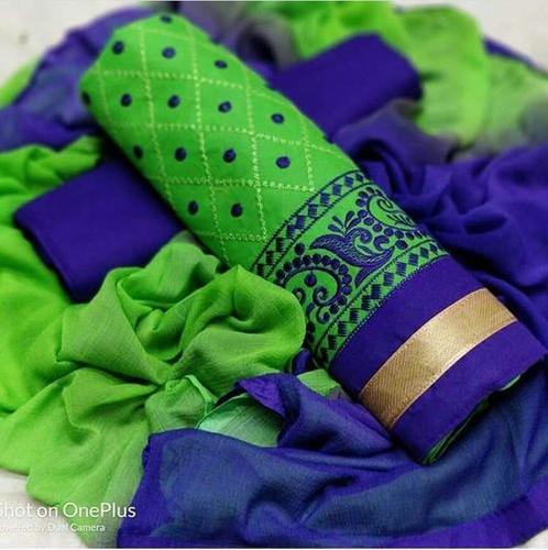 Ladies Dress Material - Cotton with Embroidery Work, Unstitched Bottom & Nazmin Shaded Dupatta | Multicolor, Washable, Non-Toxic, All Season Use