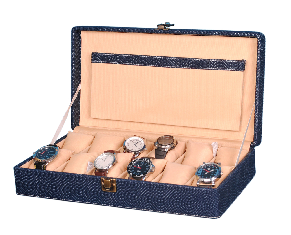 Hard Craft Watch Box Case Pu Leather Blue Dotted Design For 12 Watch Slots Size: Width 15 Inch