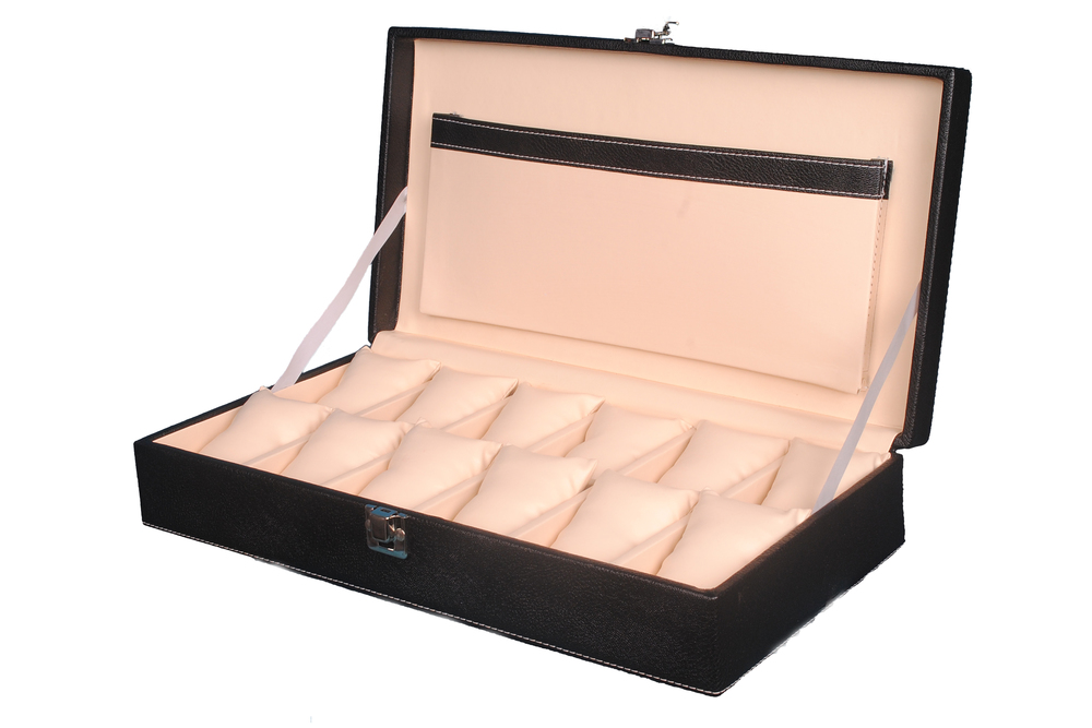 Black-Cream Hard Craft 12 Watch Slots Pu Leather Watch Box(Black-Cream)