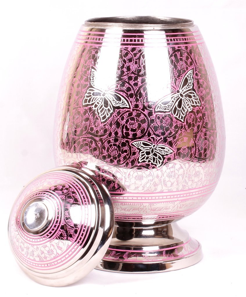 Silver Pink Butterfly Egg Shape Urn
