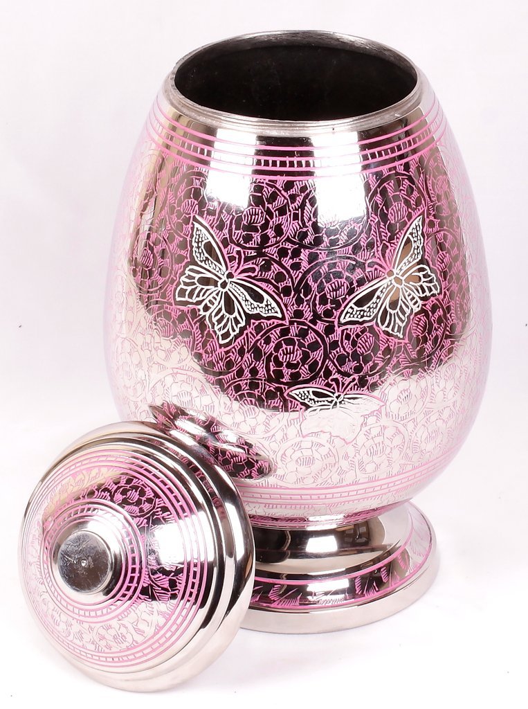 Silver Pink Butterfly Egg Shape Urn