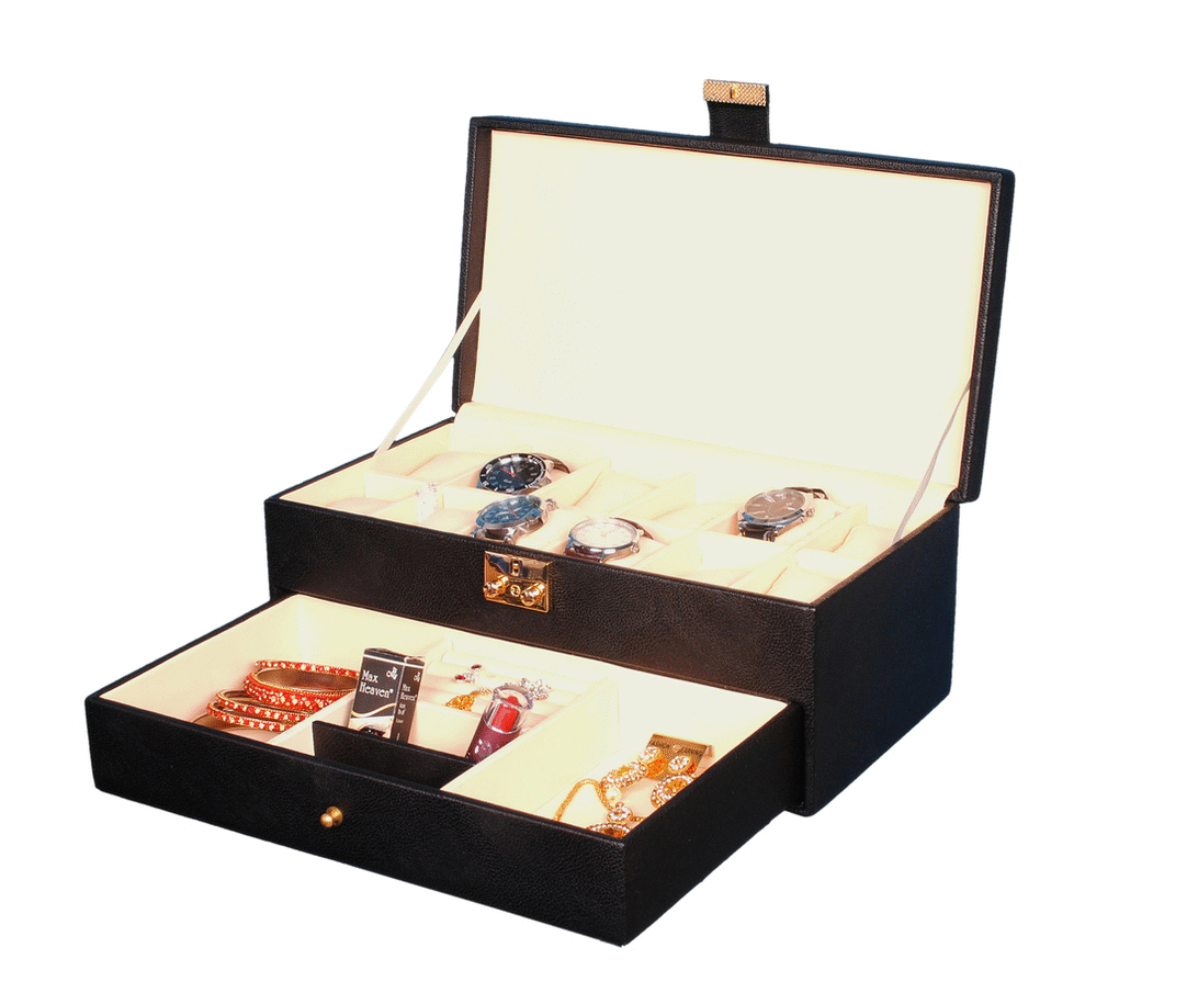 Hard Craft Watch Storage Case - Leather, 13x5.7x8 Inches, Black | Elegant Design With 12 Grid Storage And Drawer For Jewelry
