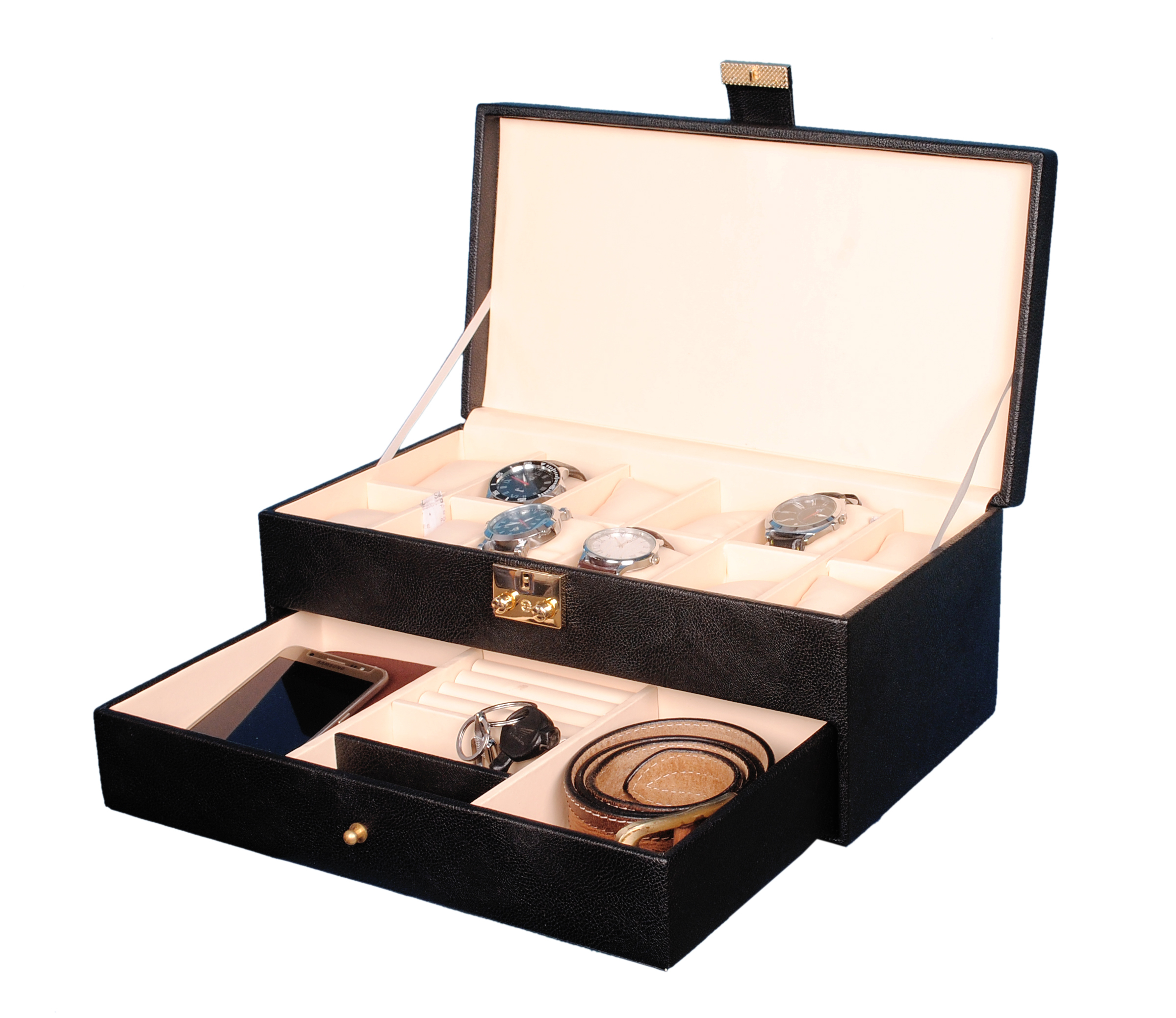 Hard Craft Watch Storage Case - Leather, 13x5.7x8 Inches, Black | Elegant Design With 12 Grid Storage And Drawer For Jewelry