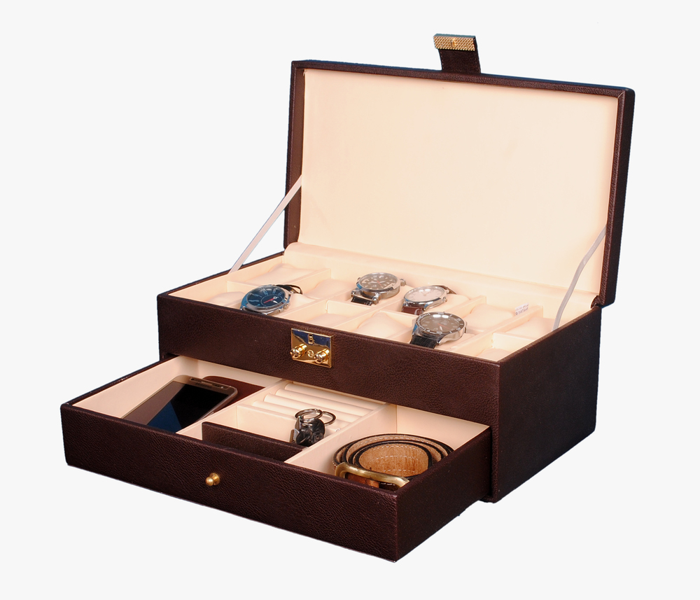 Luxury PU Leather Watch Box - 15x5.7x8 Inches | Elegant Brown with 12 Grid Watch Storage, Jewelry Drawer, Anti-Rust Golden Lock