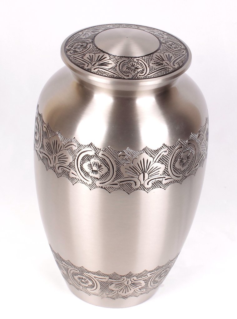 Purple & Silver Flower Cremation Urn - Brass Material 10" (25cm) Approx Size Purple Color | Hand-casted Design Threaded Lid For Secure Preservation