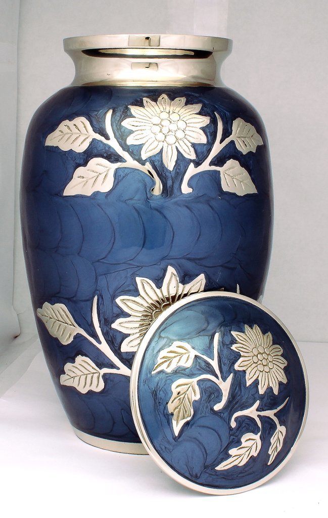 Purple & Silver Flower Cremation Urn - Brass Material 10" (25cm) Approx Size Purple Color | Hand-casted Design Threaded Lid For Secure Preservation