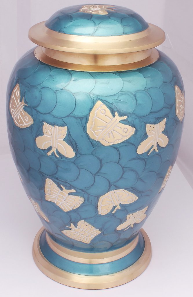 Gold Peacock Blue Butterfly Cremation Urn