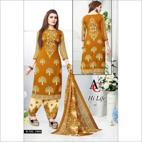 New Designer Cotton Dress Material - Heavy Leon (Crepe) 2.40m Top, Heavy Leon (Crepe) 2m Bottom, Silver Chiffon 2.10m Dupatta, Non Toxic, Printed for All Seasons