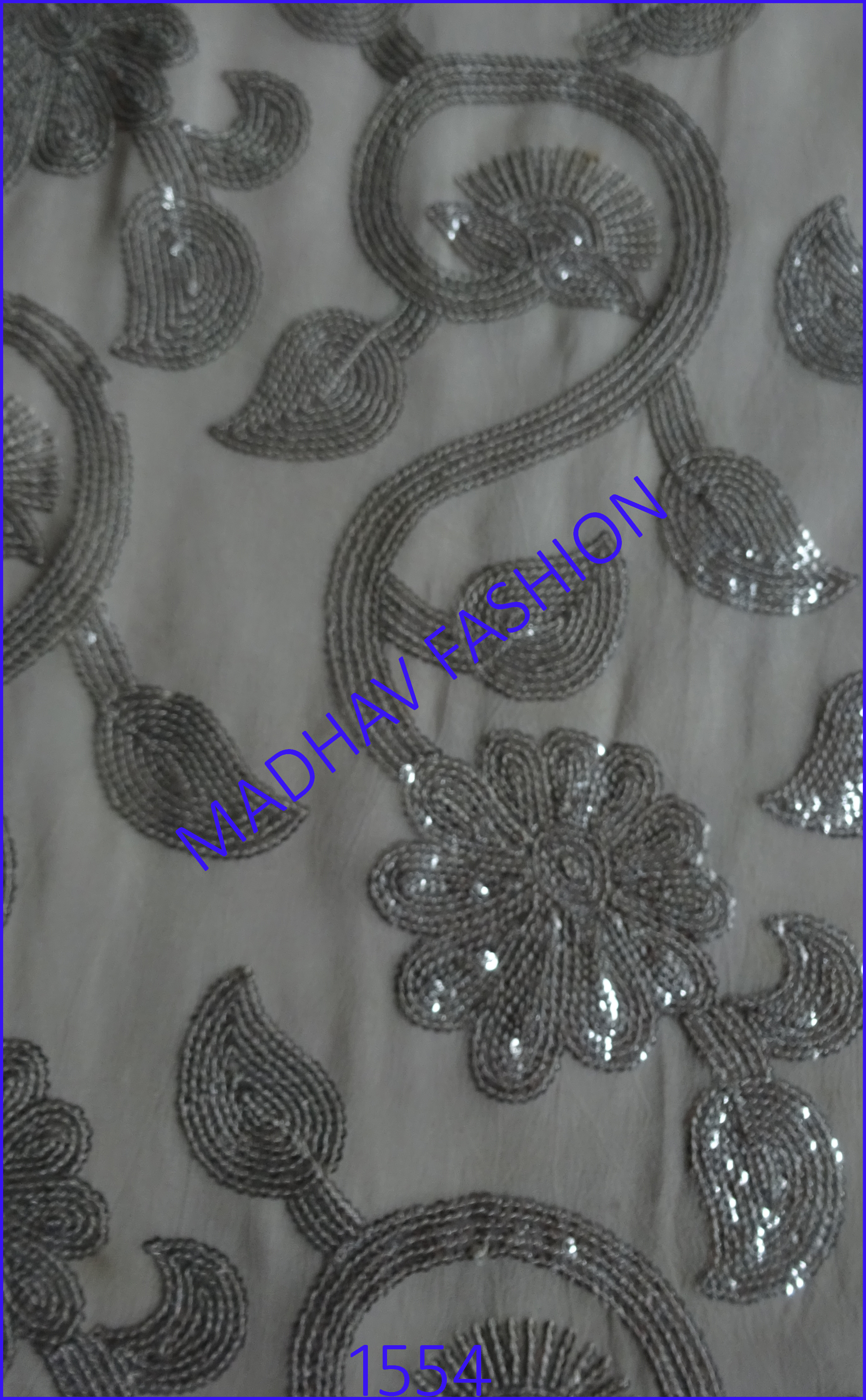 Sliver Sequence Embroidery Work - Georgette Fabric, 44 Meter Width | Light Weight, White Color, Suitable For Lehenga Choli, Blouse, Dupatta, Embroidered Texture