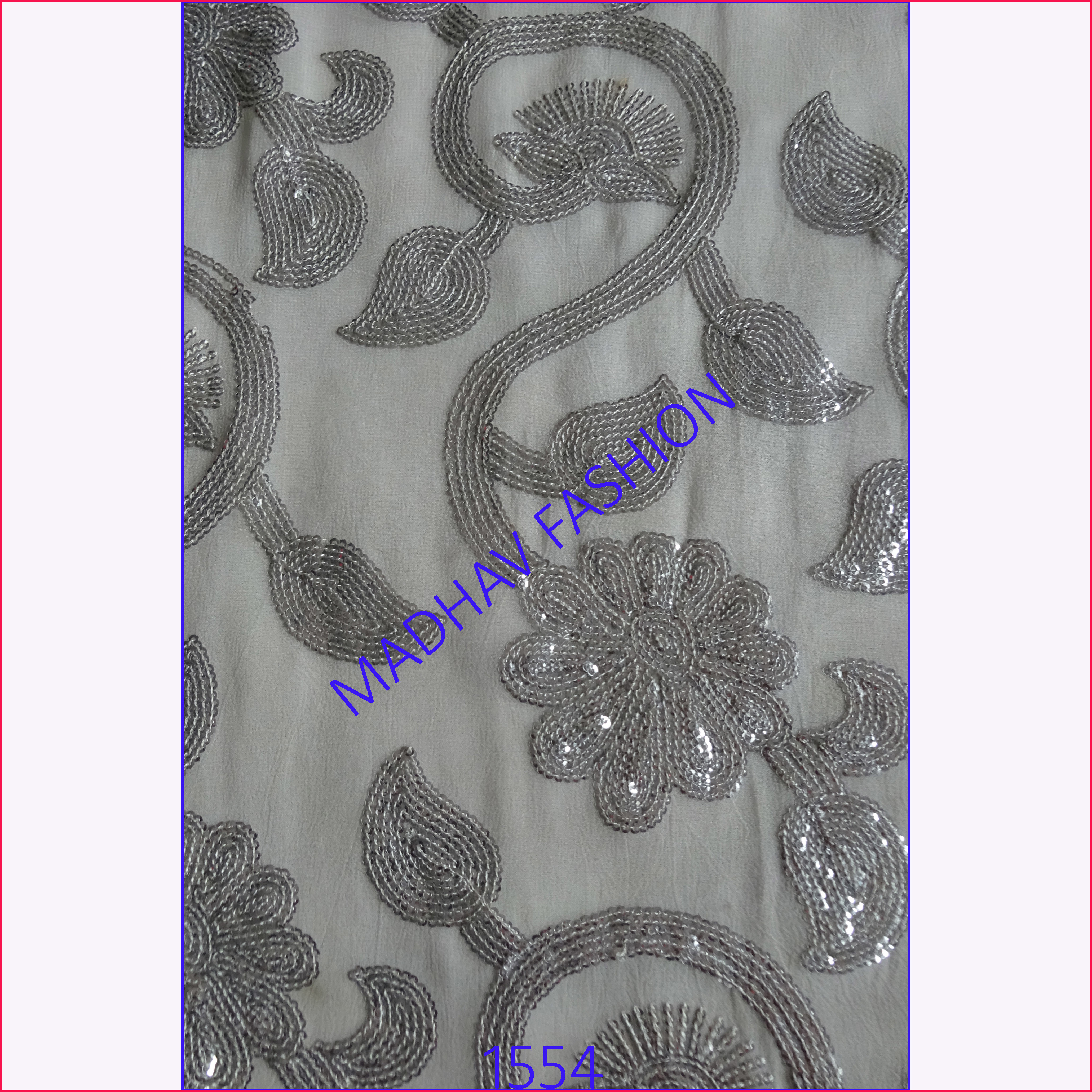 Sliver Sequence Embroidery Work - Georgette Fabric, 44 Meter Width | Light Weight, White Color, Suitable For Lehenga Choli, Blouse, Dupatta, Embroidered Texture