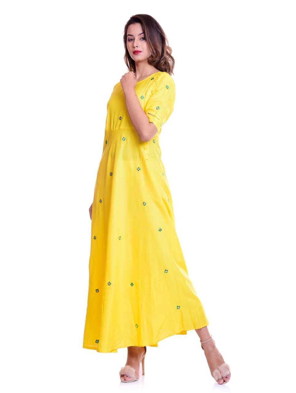 Yellow And Multi Color Ladies Round Neck With Embroidery Fancy Kurtis