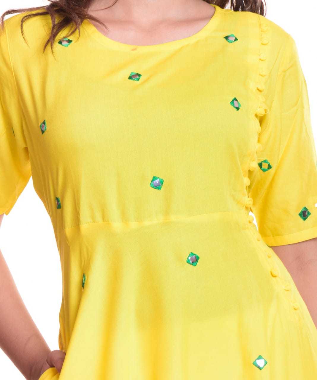 Yellow And Multi Color Ladies Round Neck With Embroidery Fancy Kurtis
