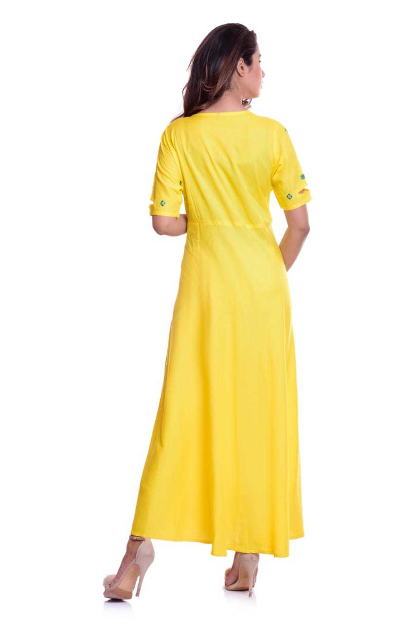 Yellow And Multi Color Ladies Round Neck With Embroidery Fancy Kurtis
