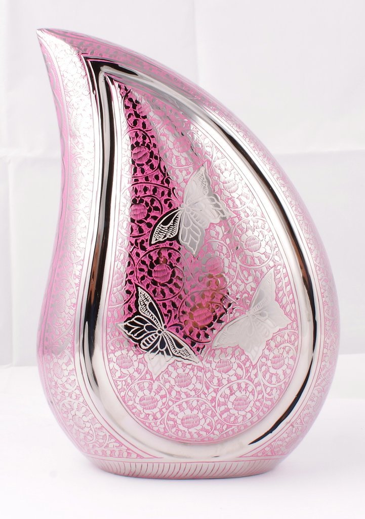 Silver Pink Butterfly Large 12" Teardrop Urn