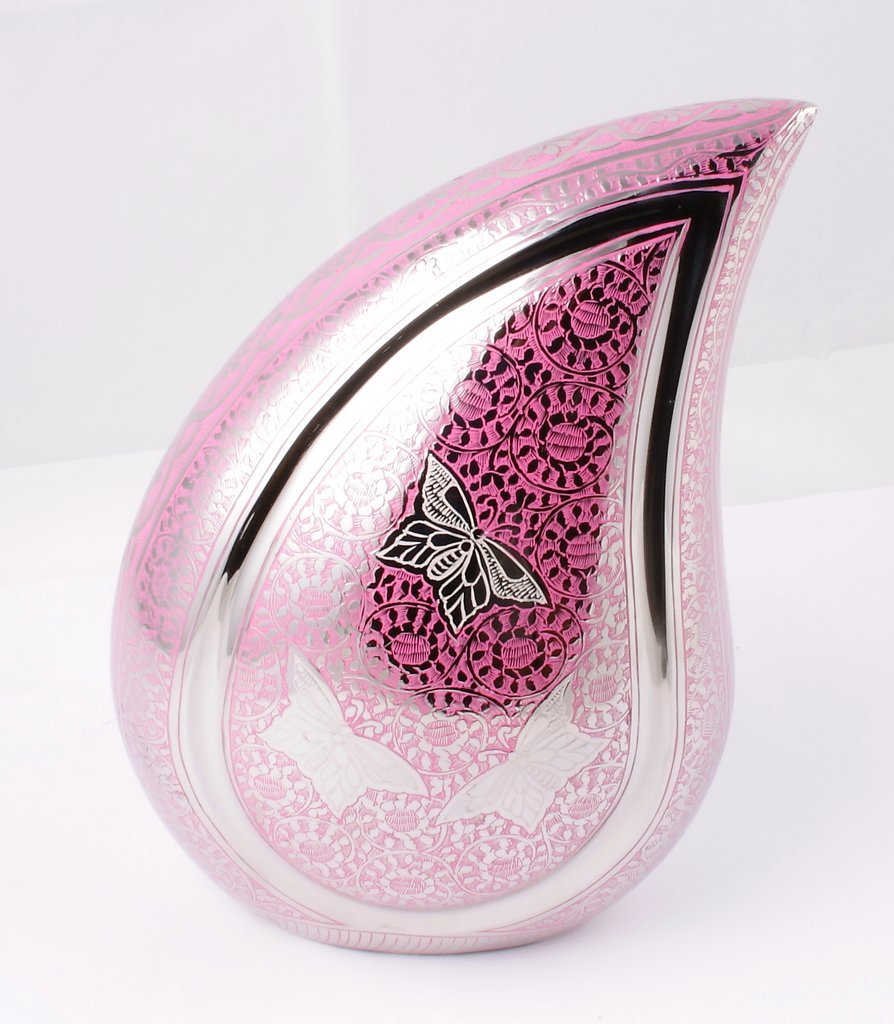 Silver Pink Butterfly Large 12" Teardrop Urn