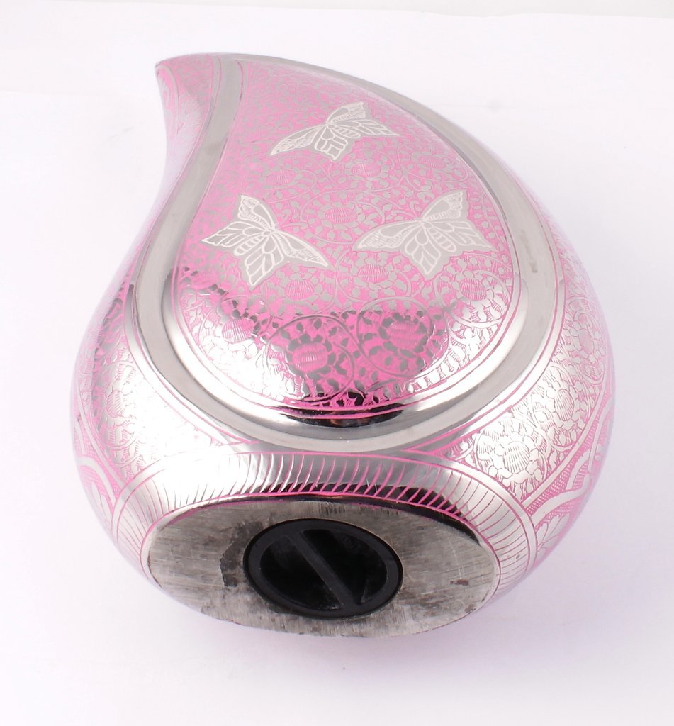 Silver Pink Butterfly Large 12" Teardrop Urn