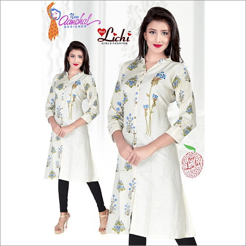 Ladies V Neck Rayon Printed Kurti - 40 Inch Length, Bust Size 40 Inch | Breathable, No Fade, Washable, Long Sleeve, A-Line Style