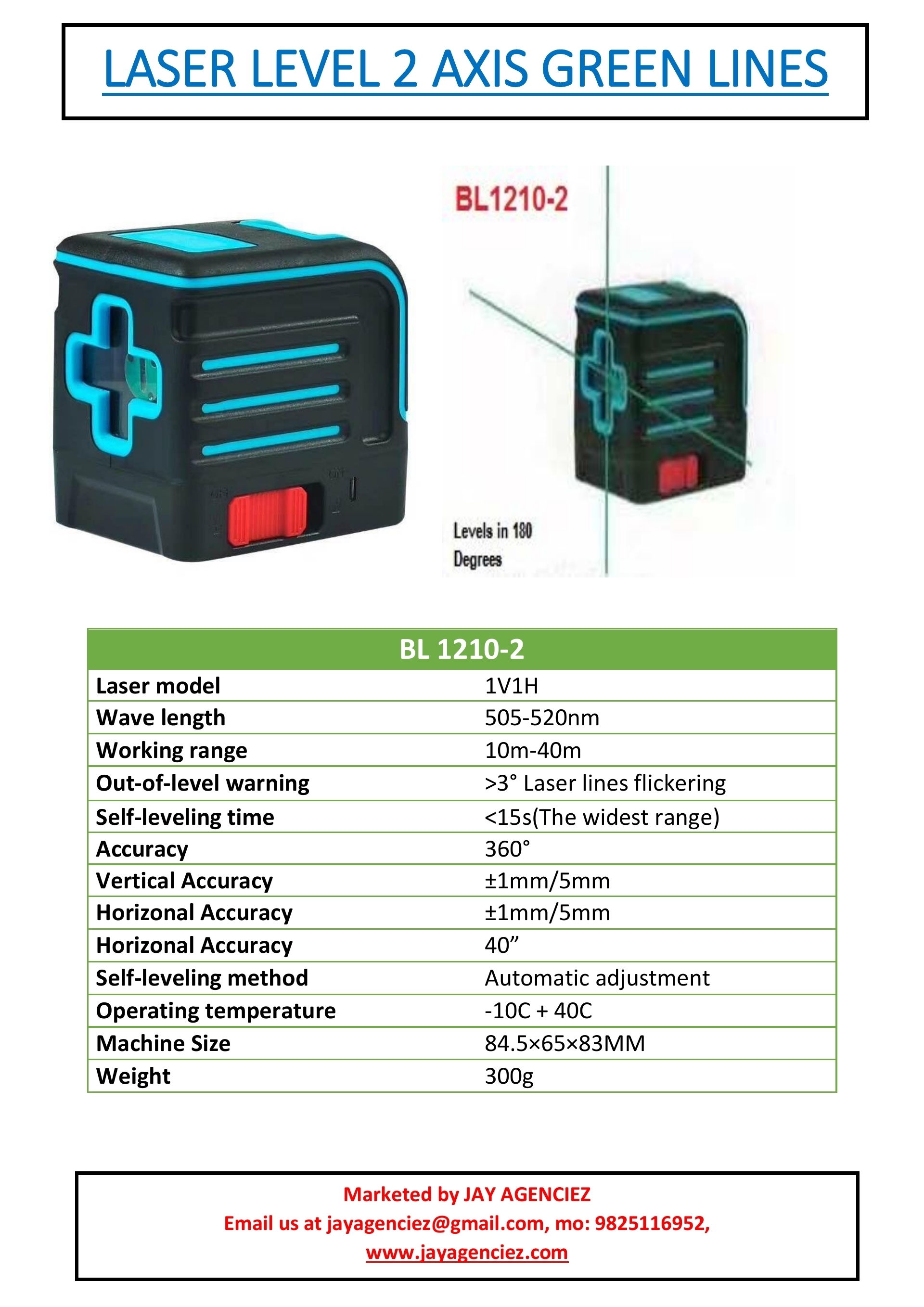 Laser Leveller - 360 Degree Accuracy , Green Light For Night Vision With 500-520 Nm Wavelength And Ideal Working Temperature 10-40â°c